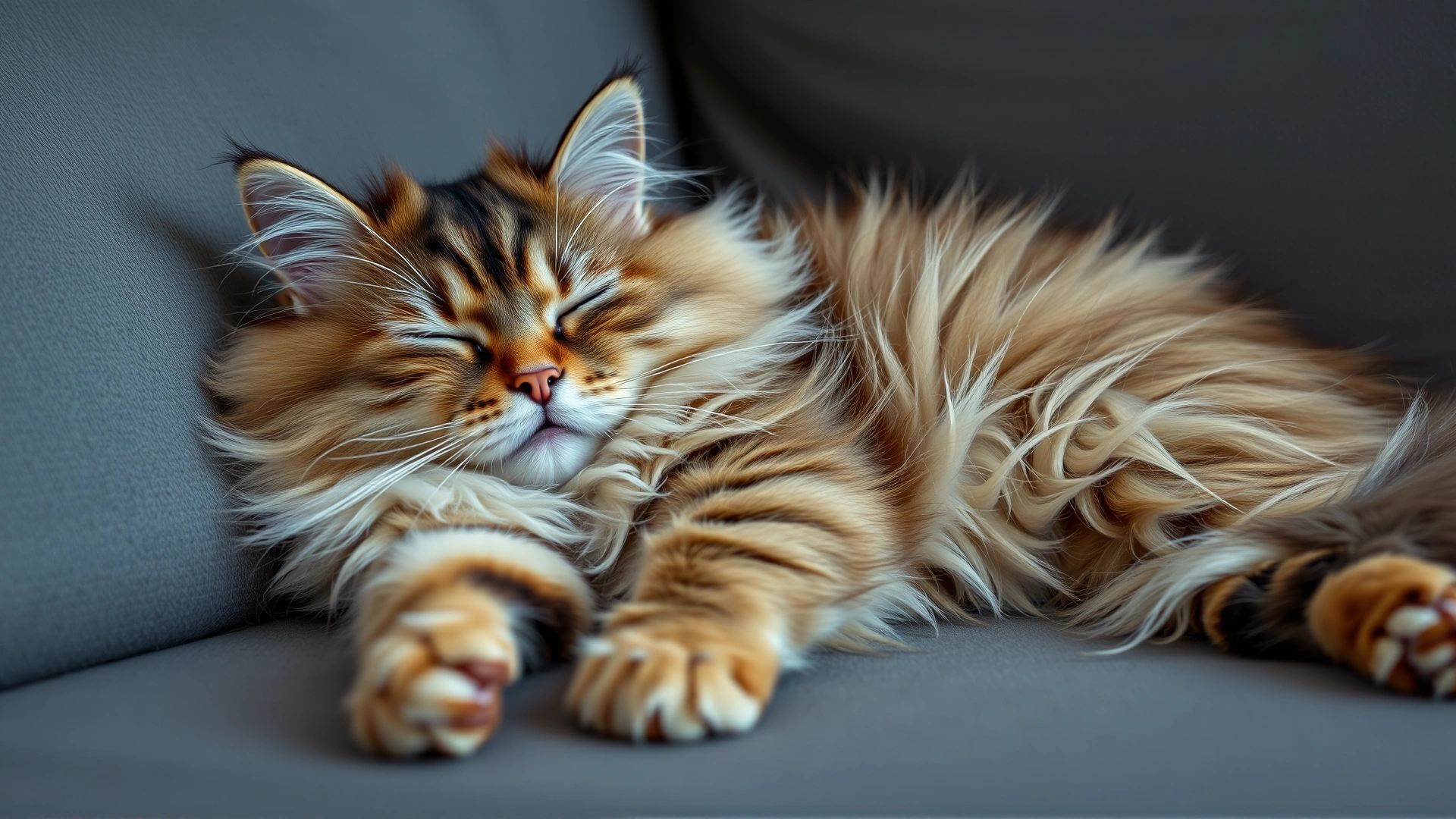 Fluffy long-haired cat sleeping peacefully on a couch, representing relaxation after CBD use