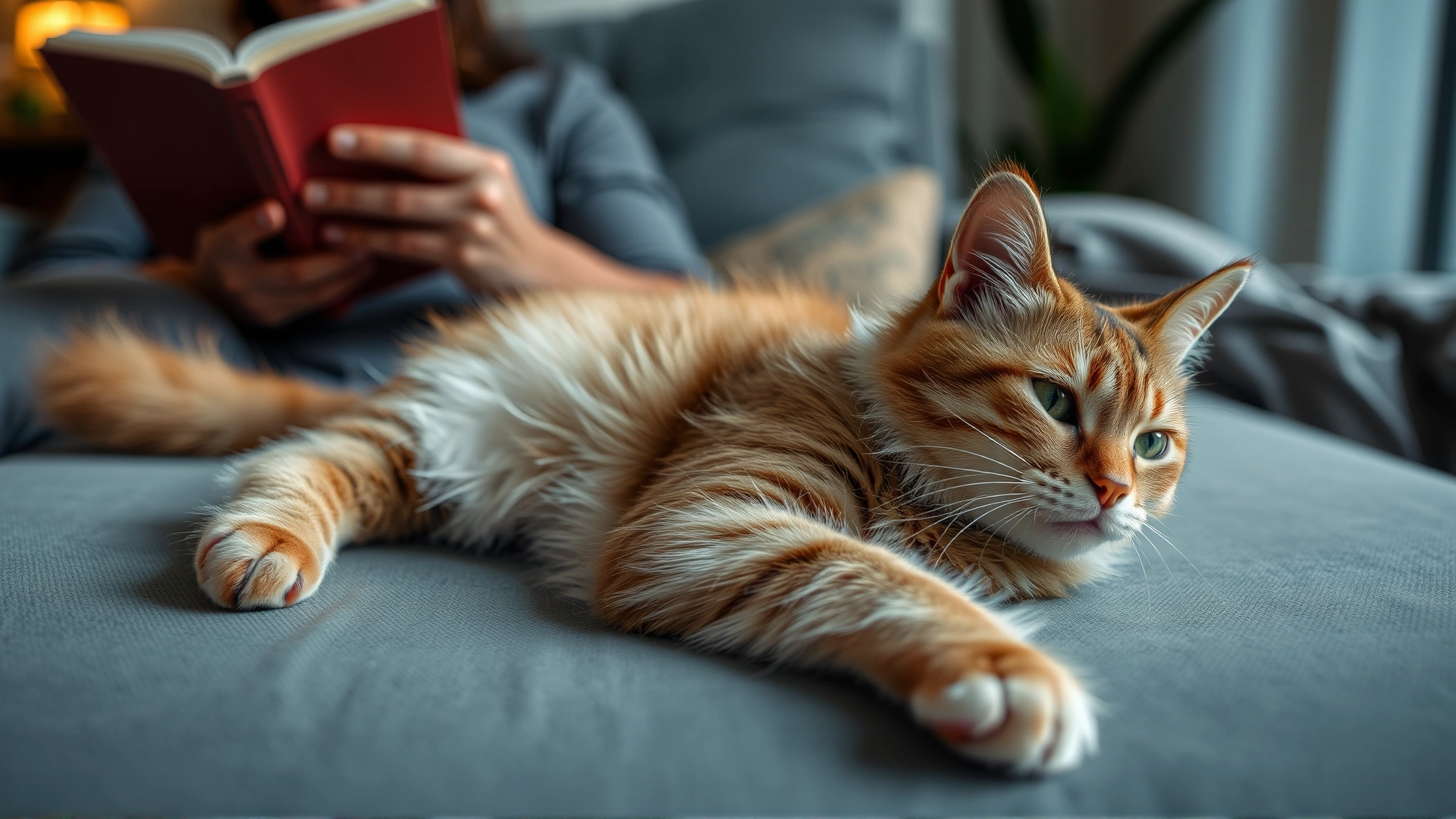 Content cat stretched out on a sofa next to a person reading a book, evening light.