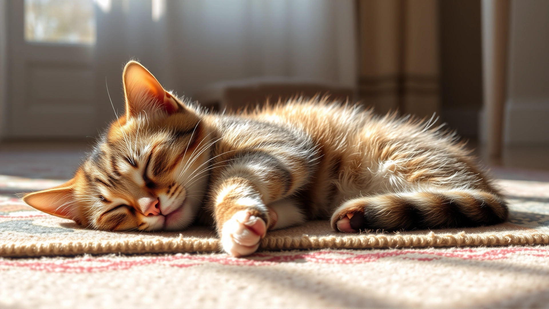 A peaceful indoor cat lying on its side on a cozy rug, breathing calmly in warm sunlight