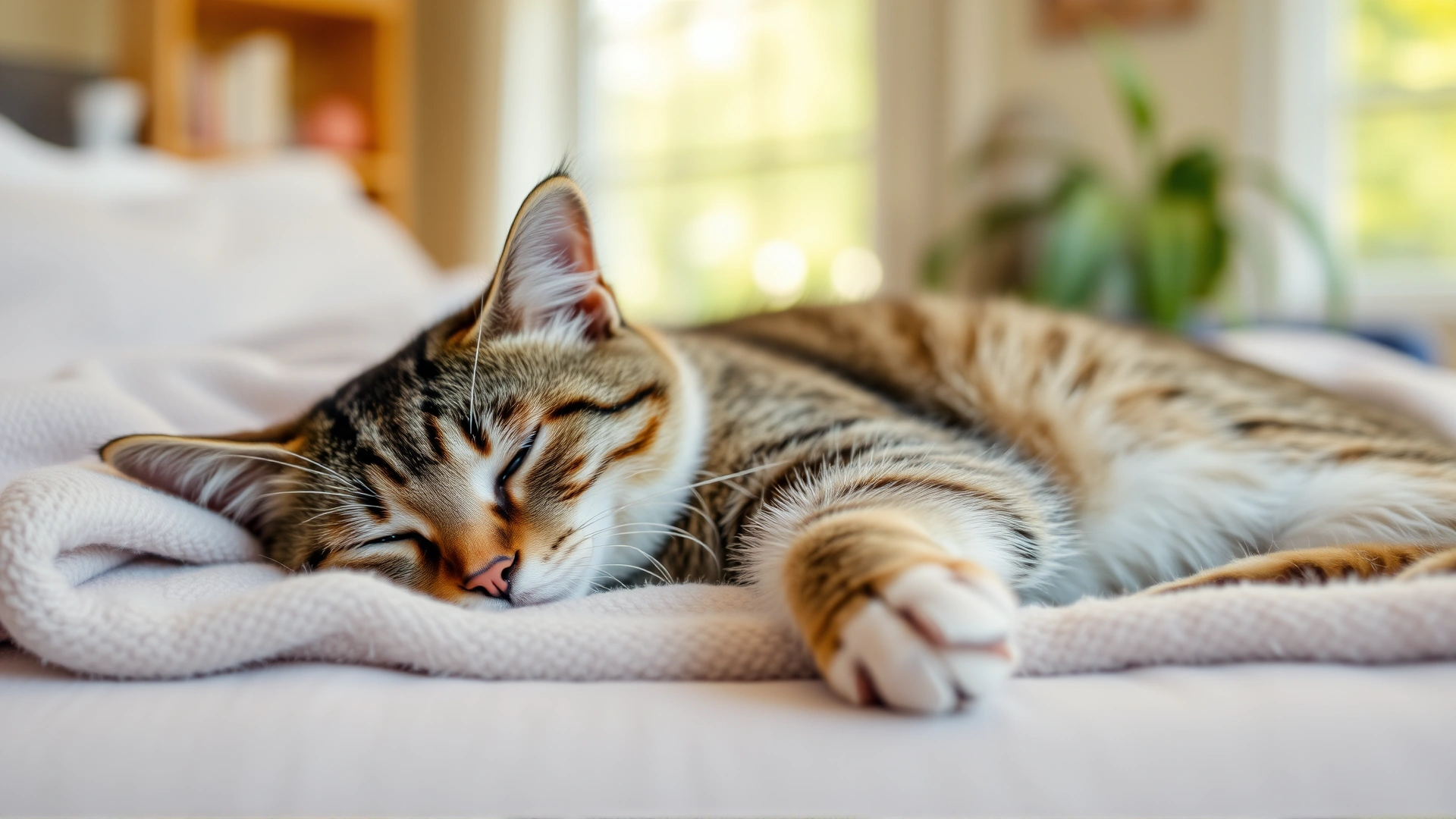 A calm tabby cat resting comfortably on a soft blanket at home, natural lighting, shows tranquility and well-being.