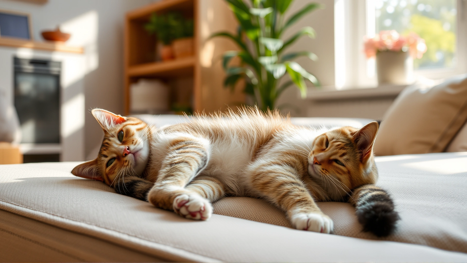 Healthy domestic cat resting comfortably on a sunlit sofa in a cozy living room, conveying calm lifestyle