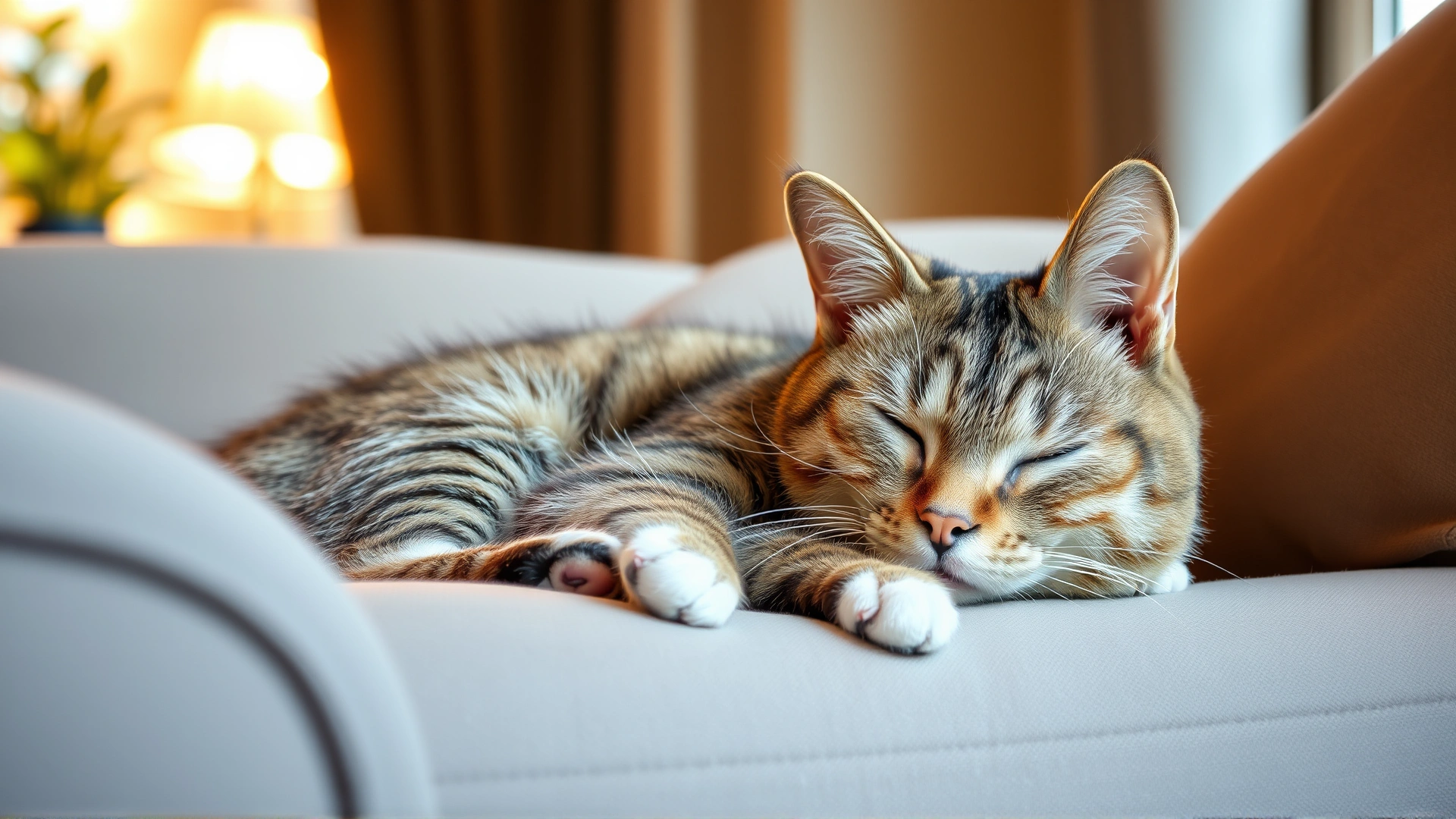 Content domestic cat resting comfortably on a sofa with warm sunlight filtering through a window, symbolizing post-treatment comfort.