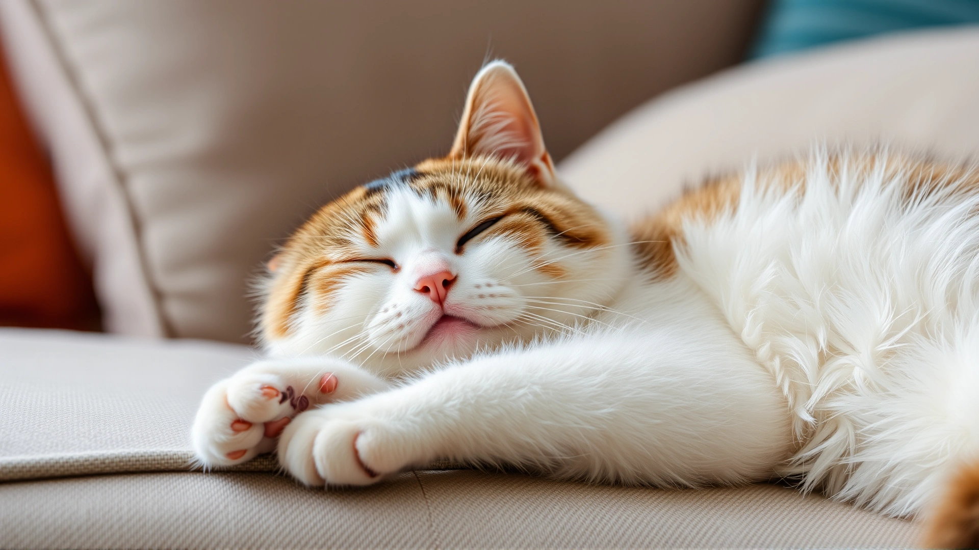 A relaxed cat lounging comfortably on a sofa, appearing relieved and content.
