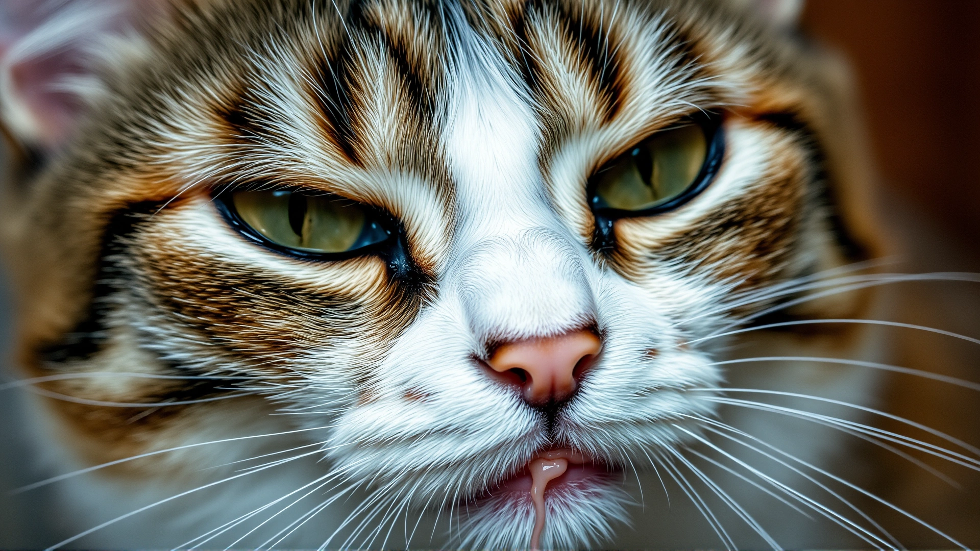 Portrait of a cat with watery eyes and a slight sneeze, conveying symptoms of upper respiratory infection.