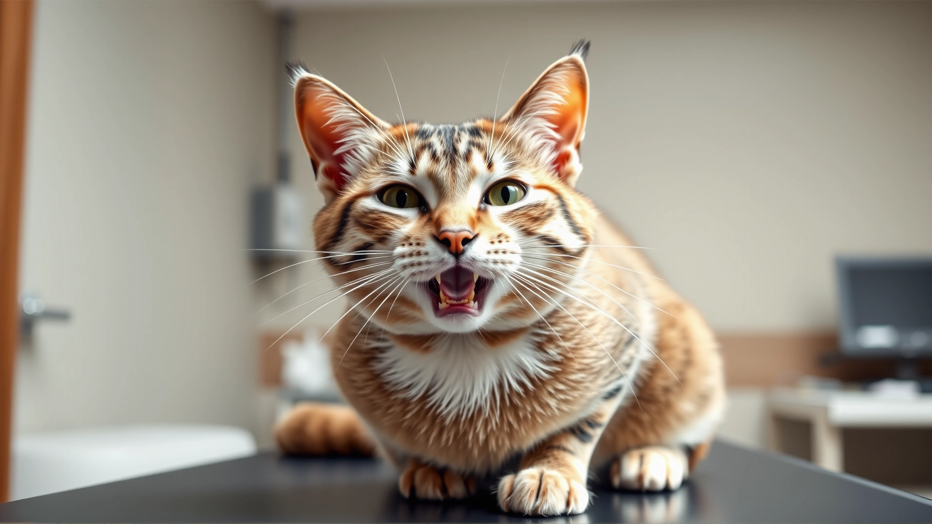Domestic short-haired cat sitting on an examination table, slightly open-mouthed breathing, focus on subtle chest movement indicating respiratory difficulty, vet clinic background, natural lighting.