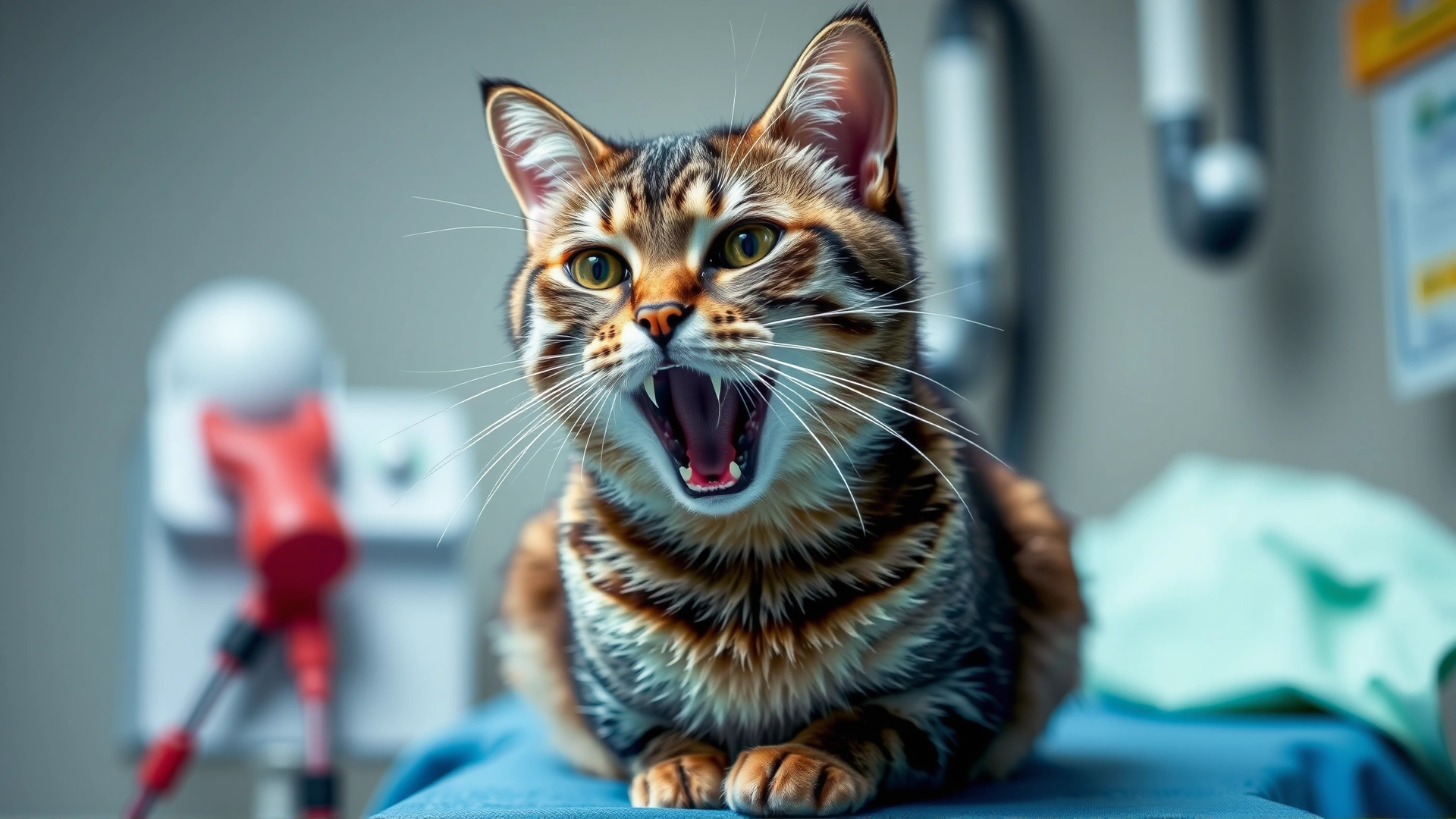 Domestic short-haired cat with mouth open, breathing rapidly while sitting on veterinary examination table.