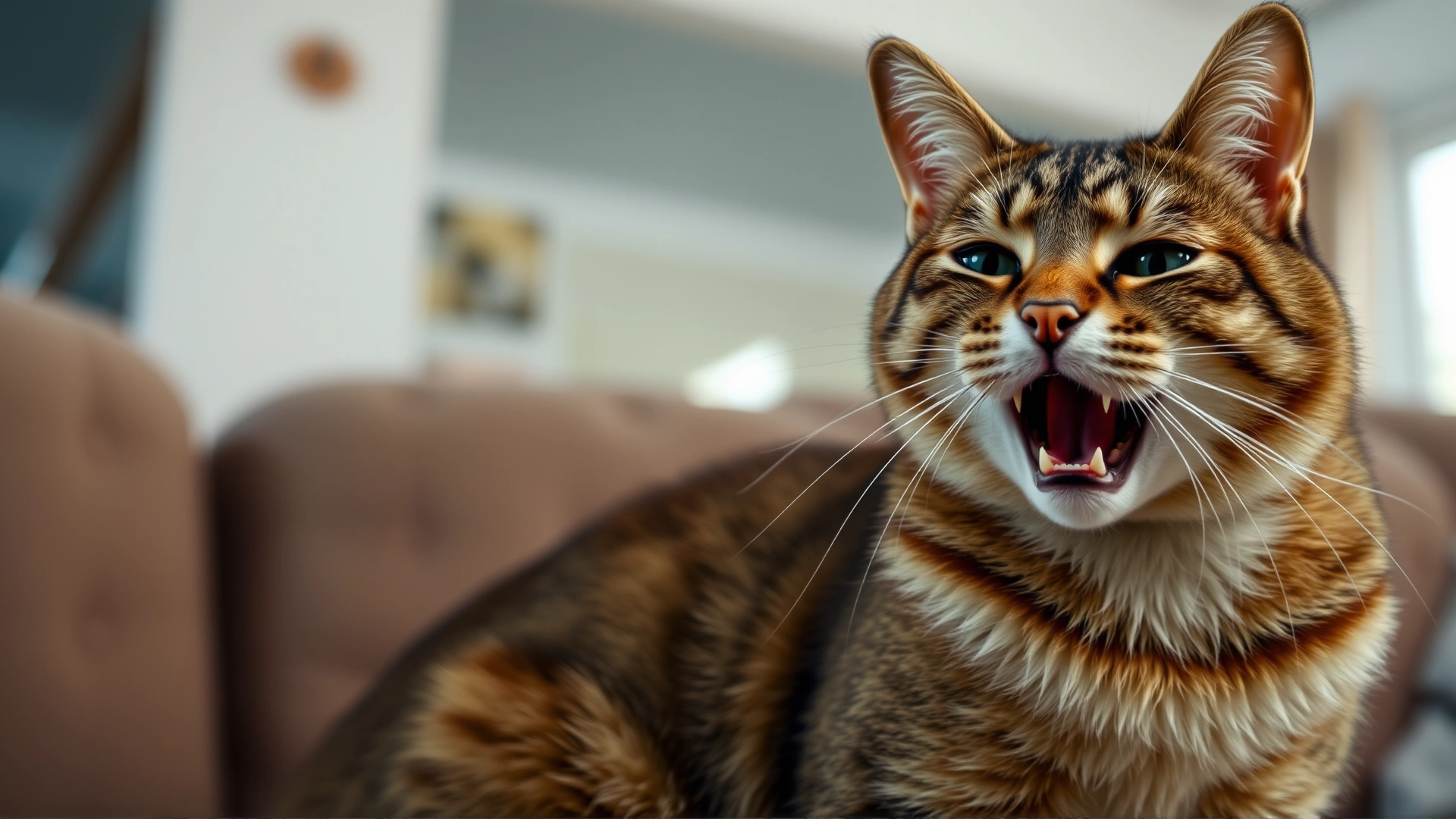 Domestic short-haired cat coughing or breathing with mouth slightly open while sitting on a living-room sofa; indoor ambient light.