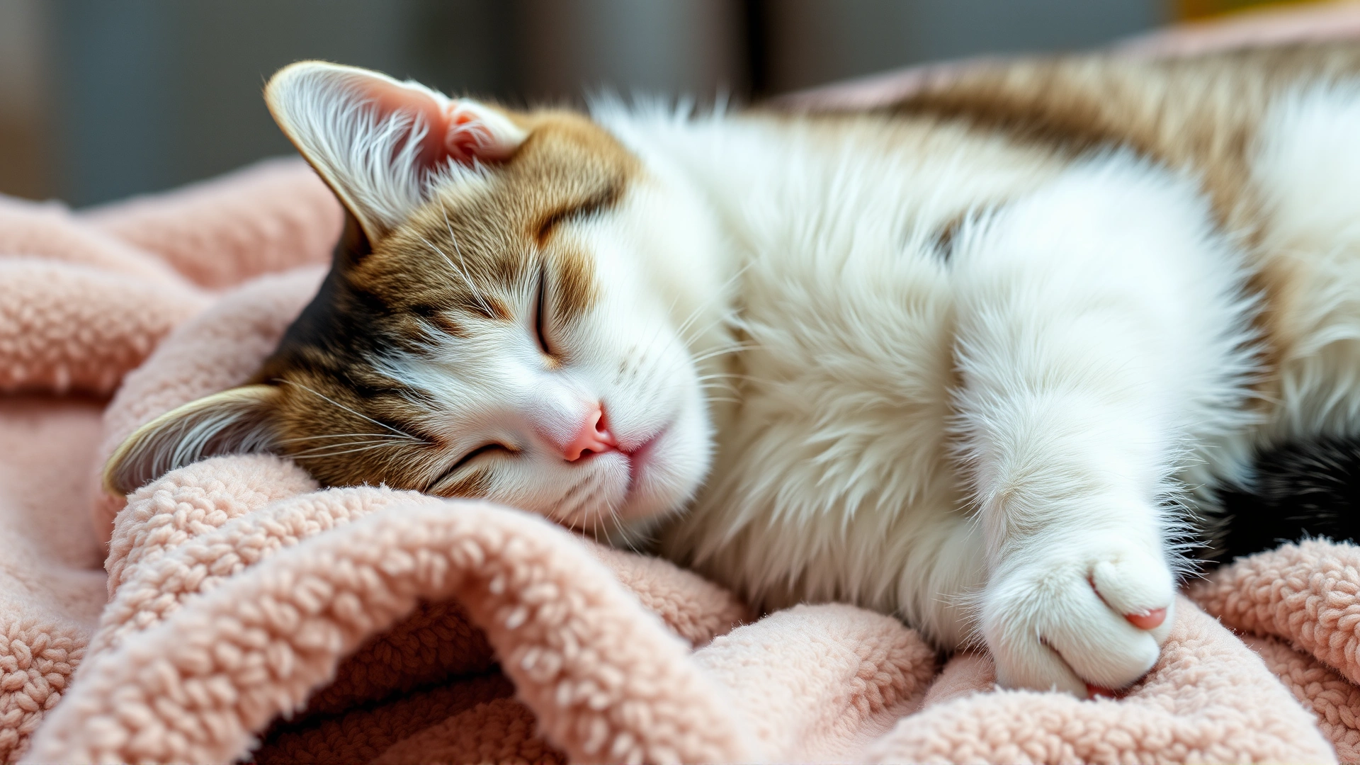 A comfortable cat lying on a soft blanket with half-closed eyes, indicating recovery and pain relief.