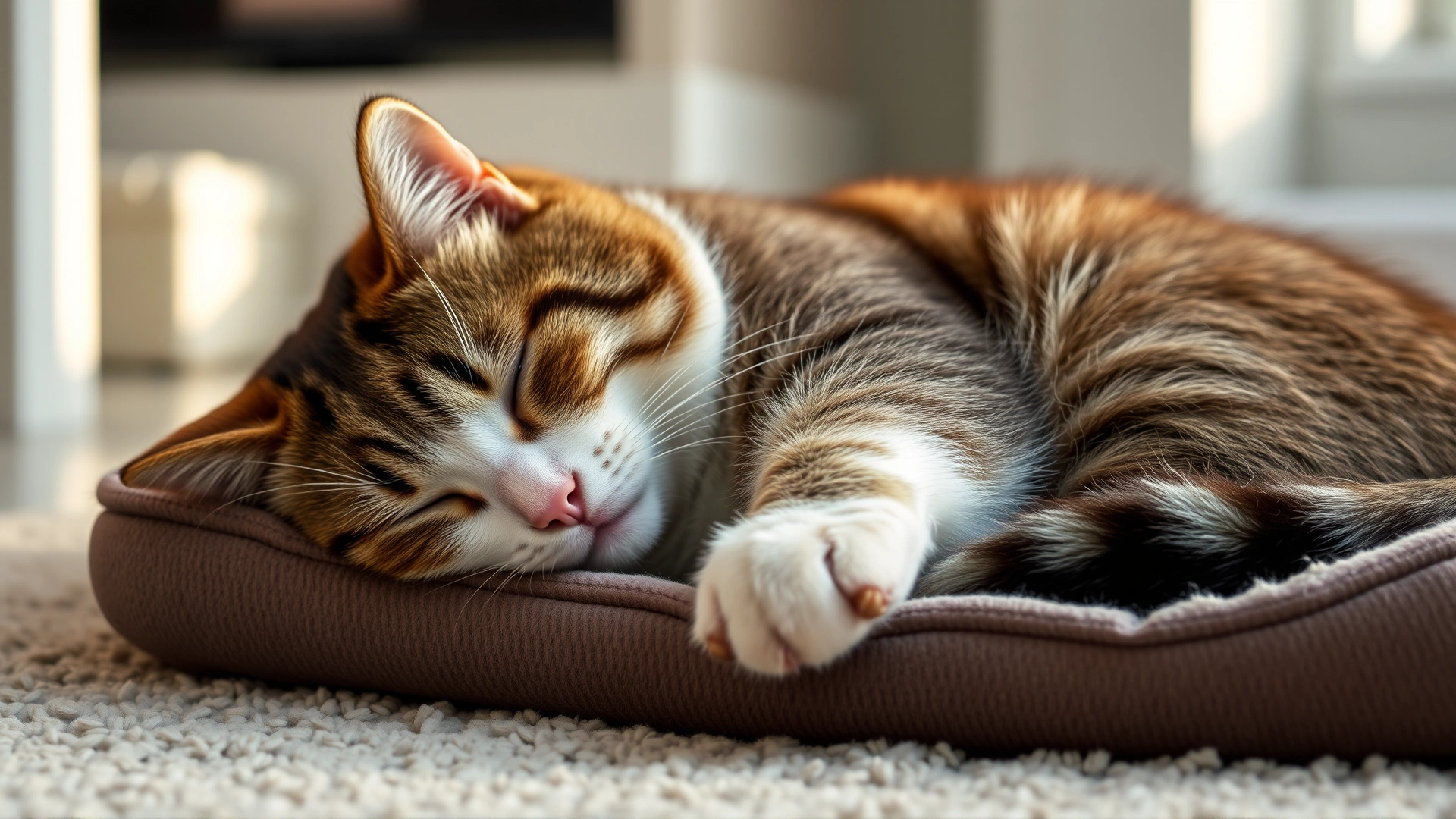 Cat resting peacefully on a pet bed with a slight incline supporting its upper body, implying post-meal rest. Soft evening lighting.