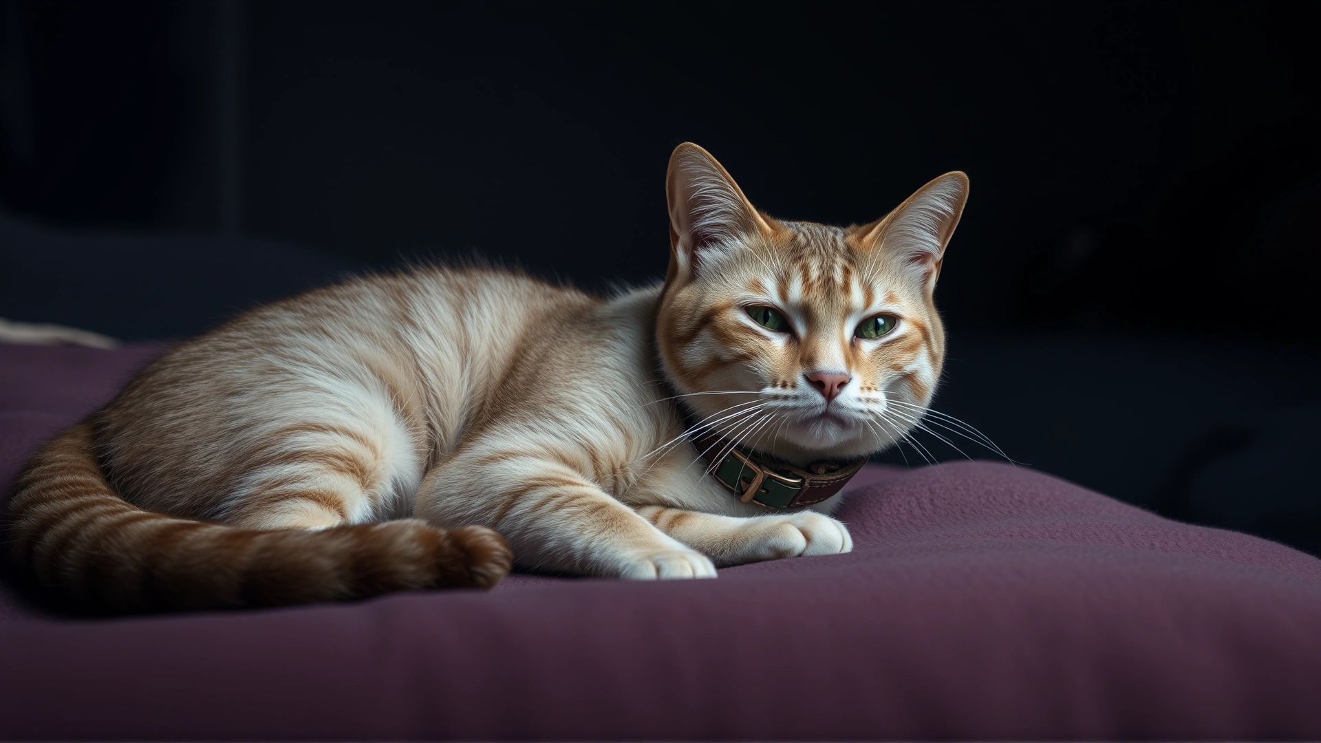 Calm adult cat resting on a soft blanket in a dimly lit room, wearing a comfortable Elizabethan collar (E-collar)