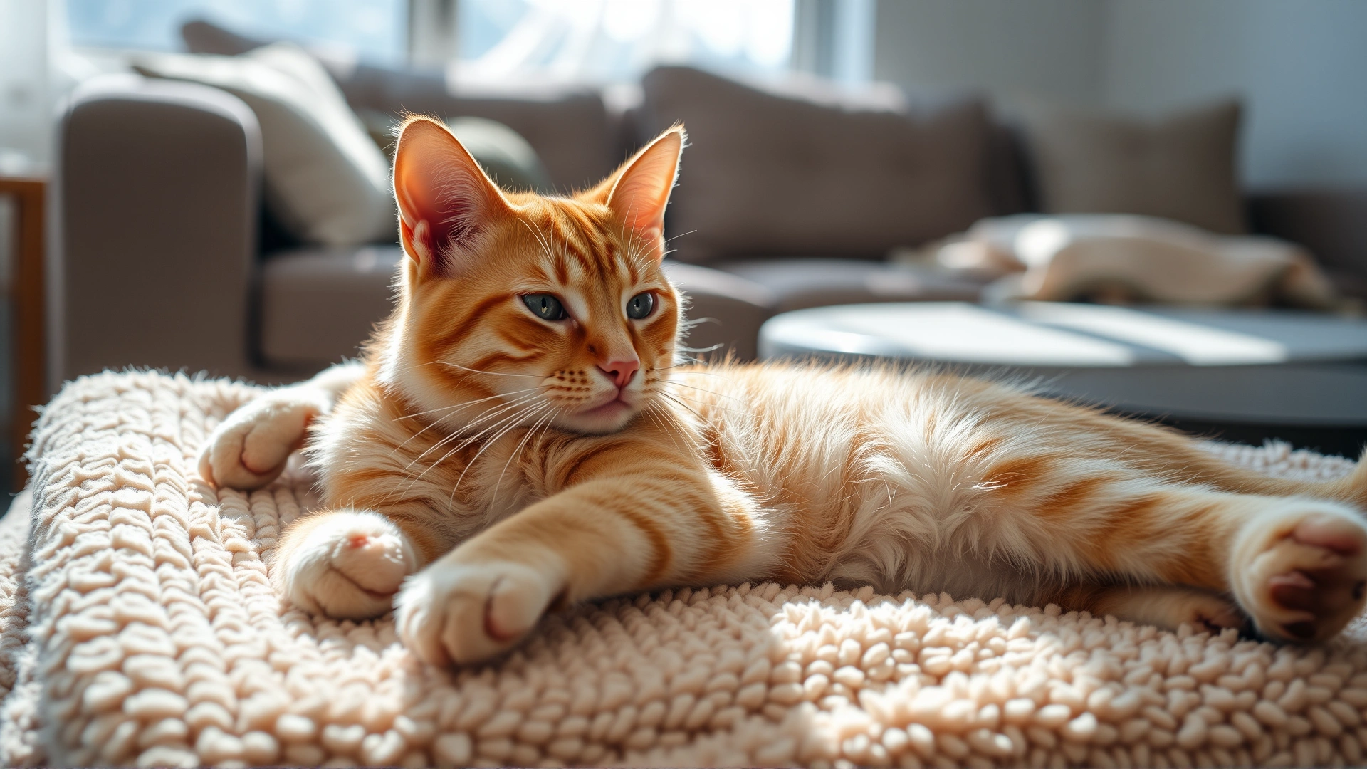 Content orange tabby cat resting comfortably on a plush blanket in a sunlit living room