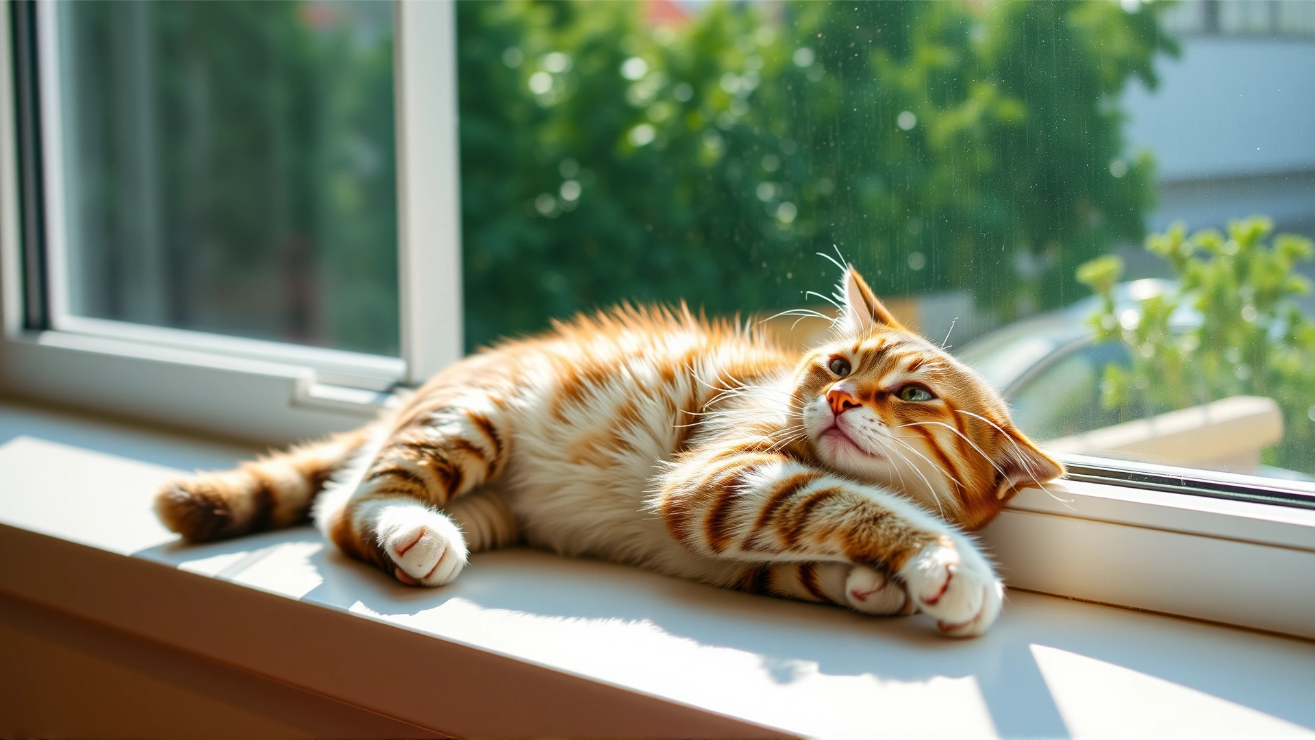Content cat lying on a sunny windowsill after recovery, soft natural light, serene atmosphere