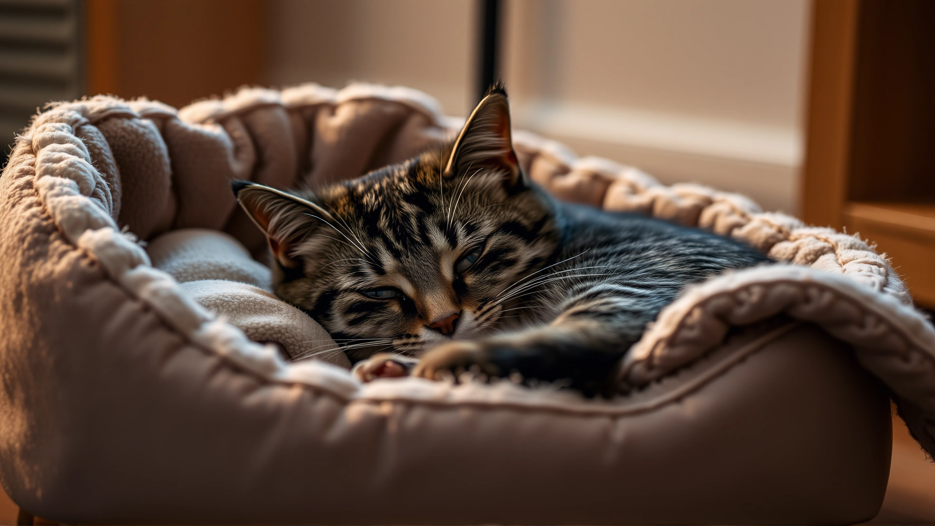 Recovered cat comfortably resting in a cozy pet bed at home with a soft blanket, warm ambient lighting, no text.