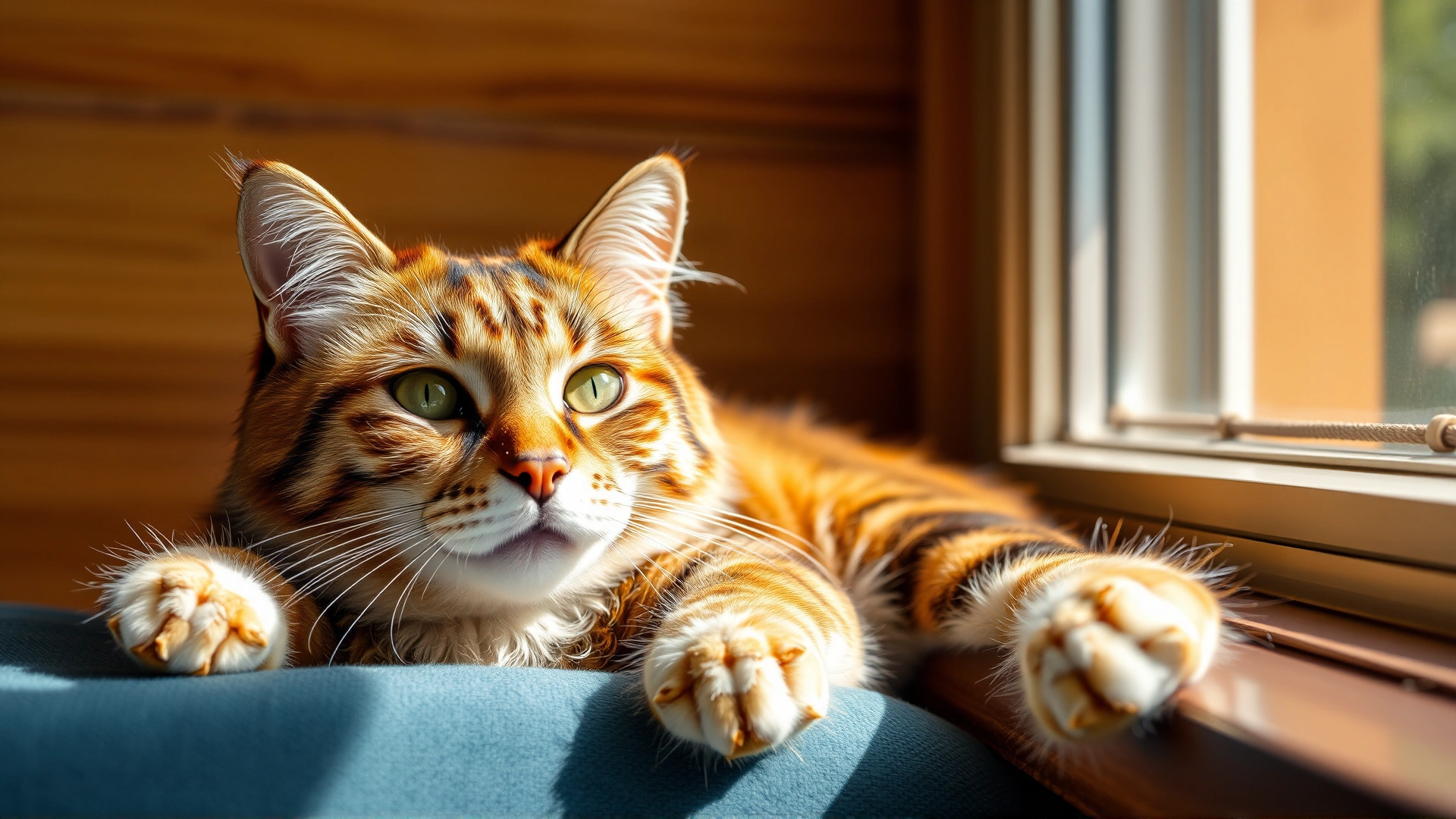 Cat resting comfortably in a sunny spot near a window, relaxed post-treatment atmosphere.