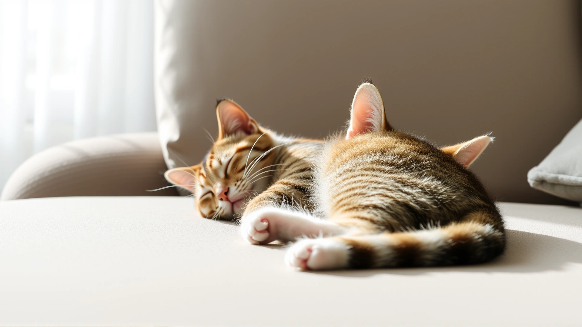 Relaxed domestic short-haired cat sleeping comfortably on a sofa in soft natural light, illustrating sedation side effect.