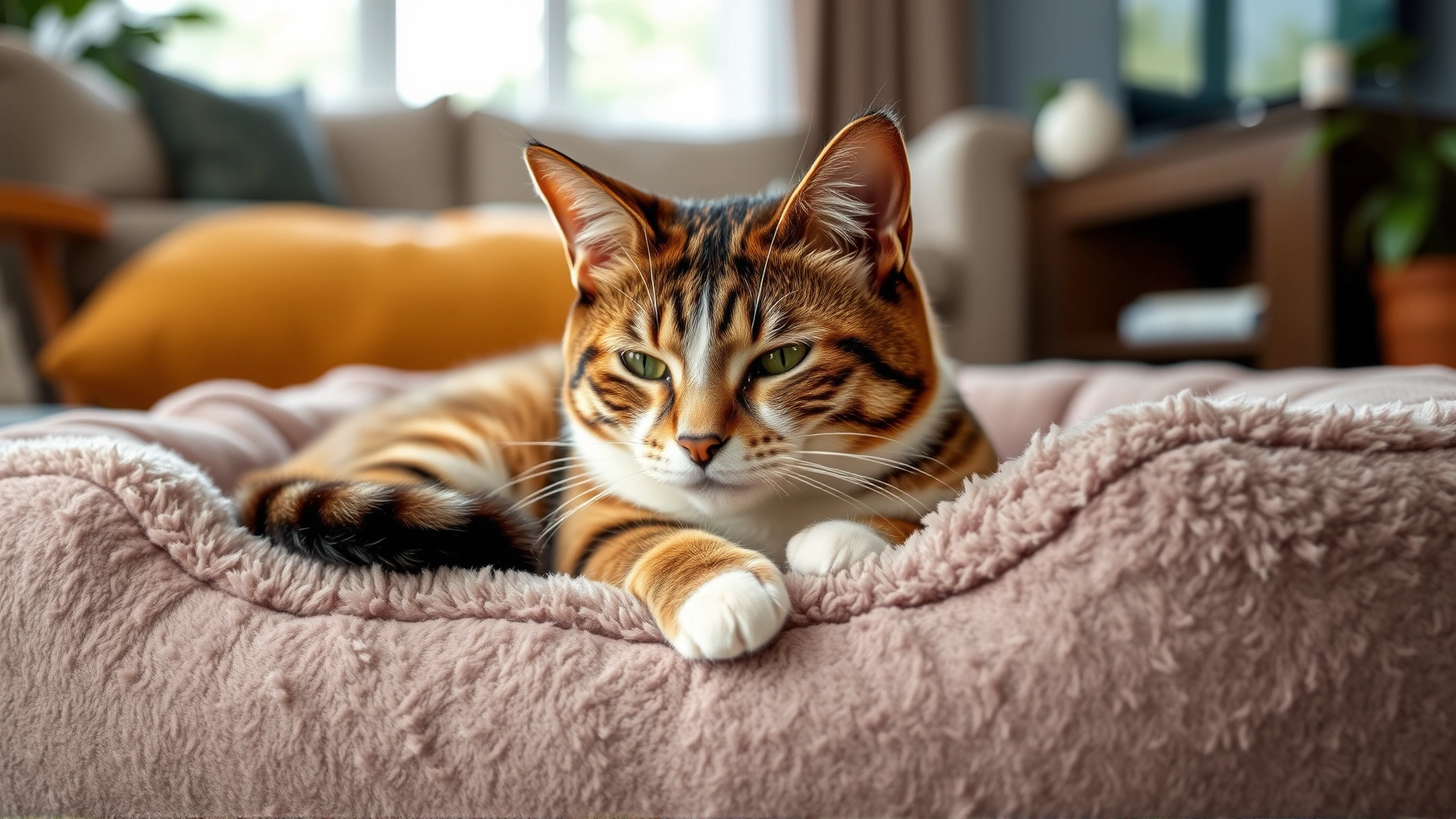 Domestic cat resting in a plush orthopedic pet bed in a cozy living room setting.