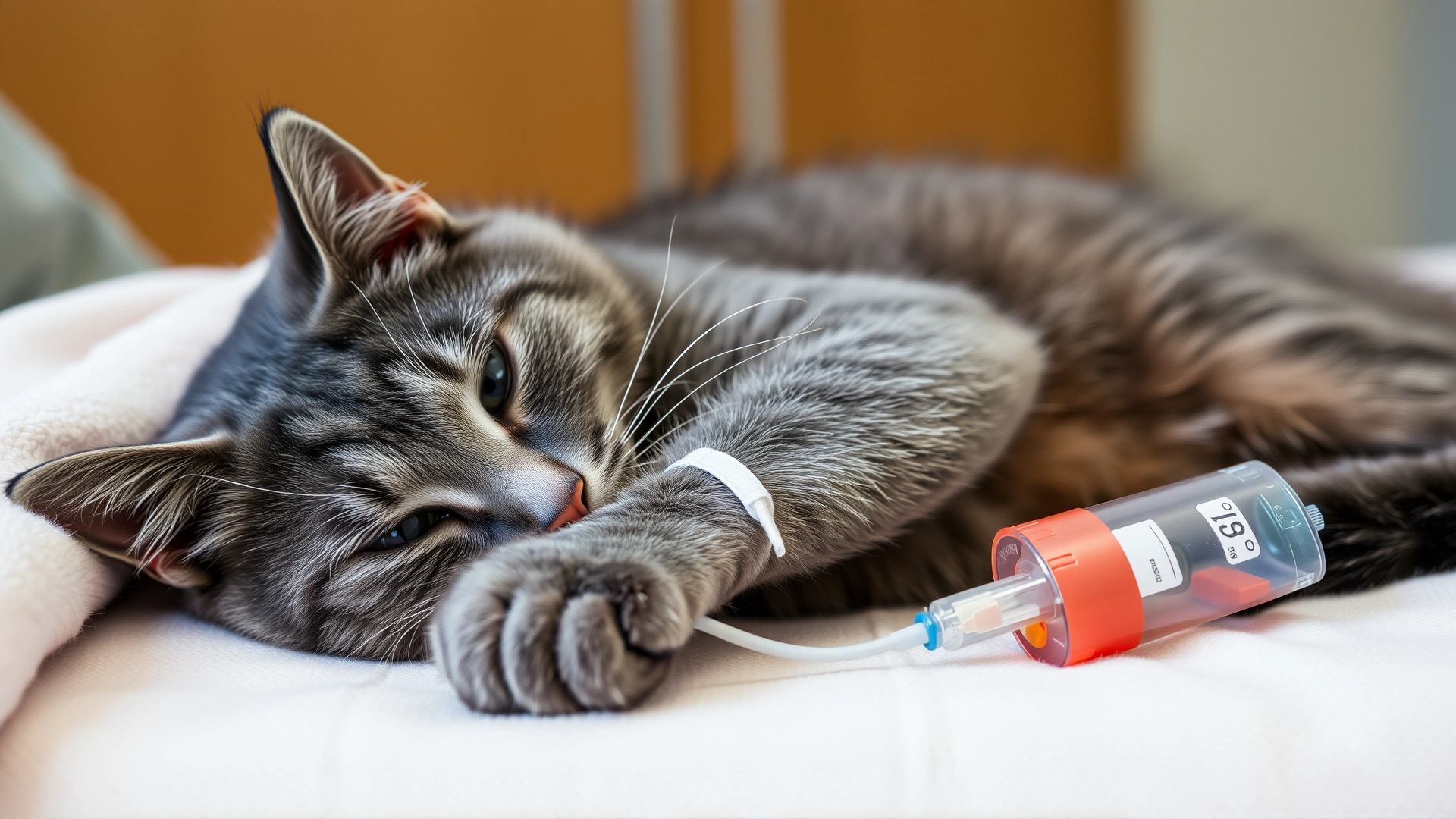 Grey cat resting on cozy blanket with IV catheter on its paw, post-treatment setting, no text