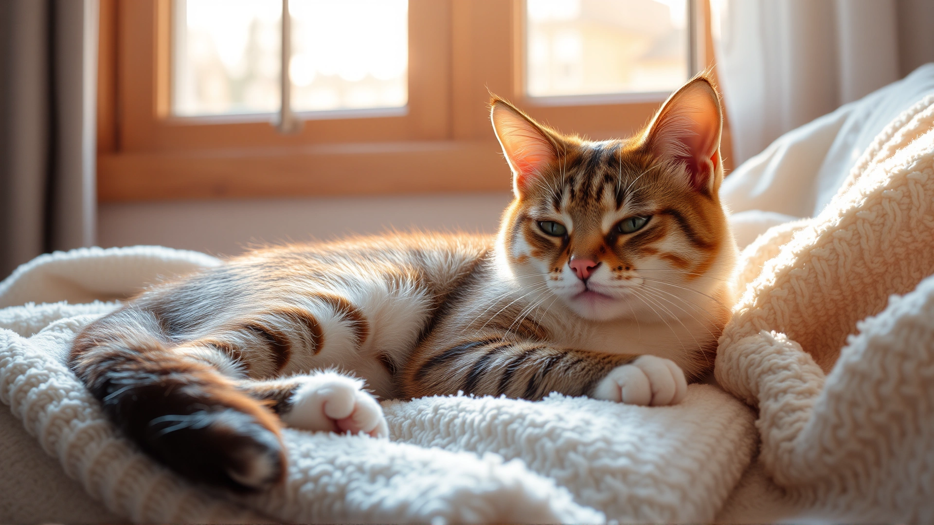 Cozy scene of a cat comfortably resting on a soft blanket near a window with warm sunlight, conveying home care and relaxation.