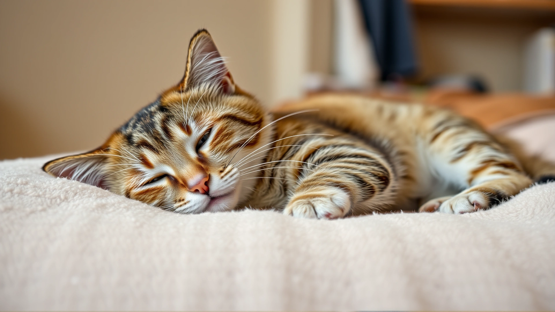 A relaxed domestic short-haired cat lying on its side on a soft blanket, looking slightly tired but comfortable, warm indoor lighting