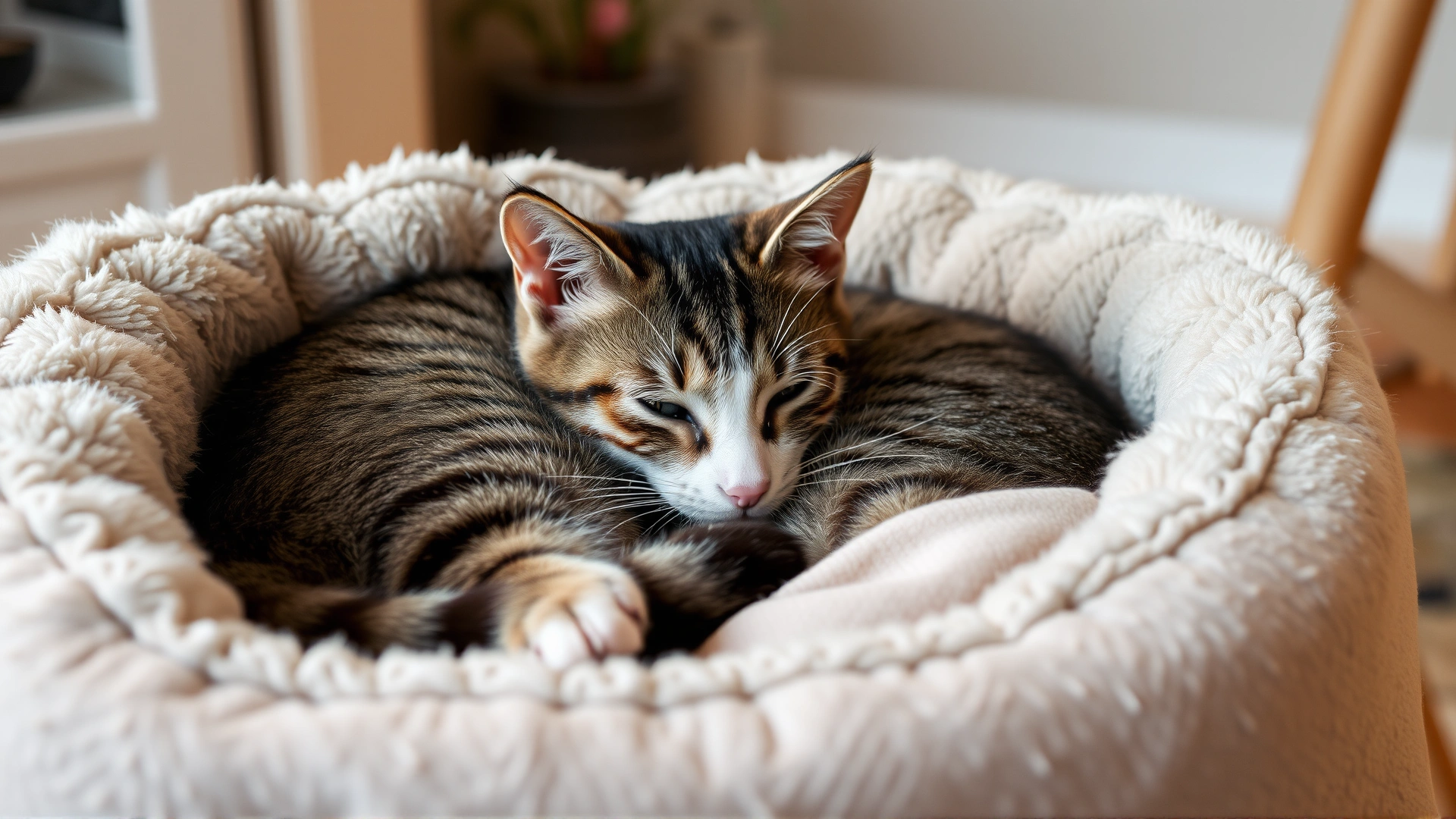 A relaxed domestic short-haired cat curled up in a plush pet bed with a soft blanket in a cozy home environment, warm lighting
