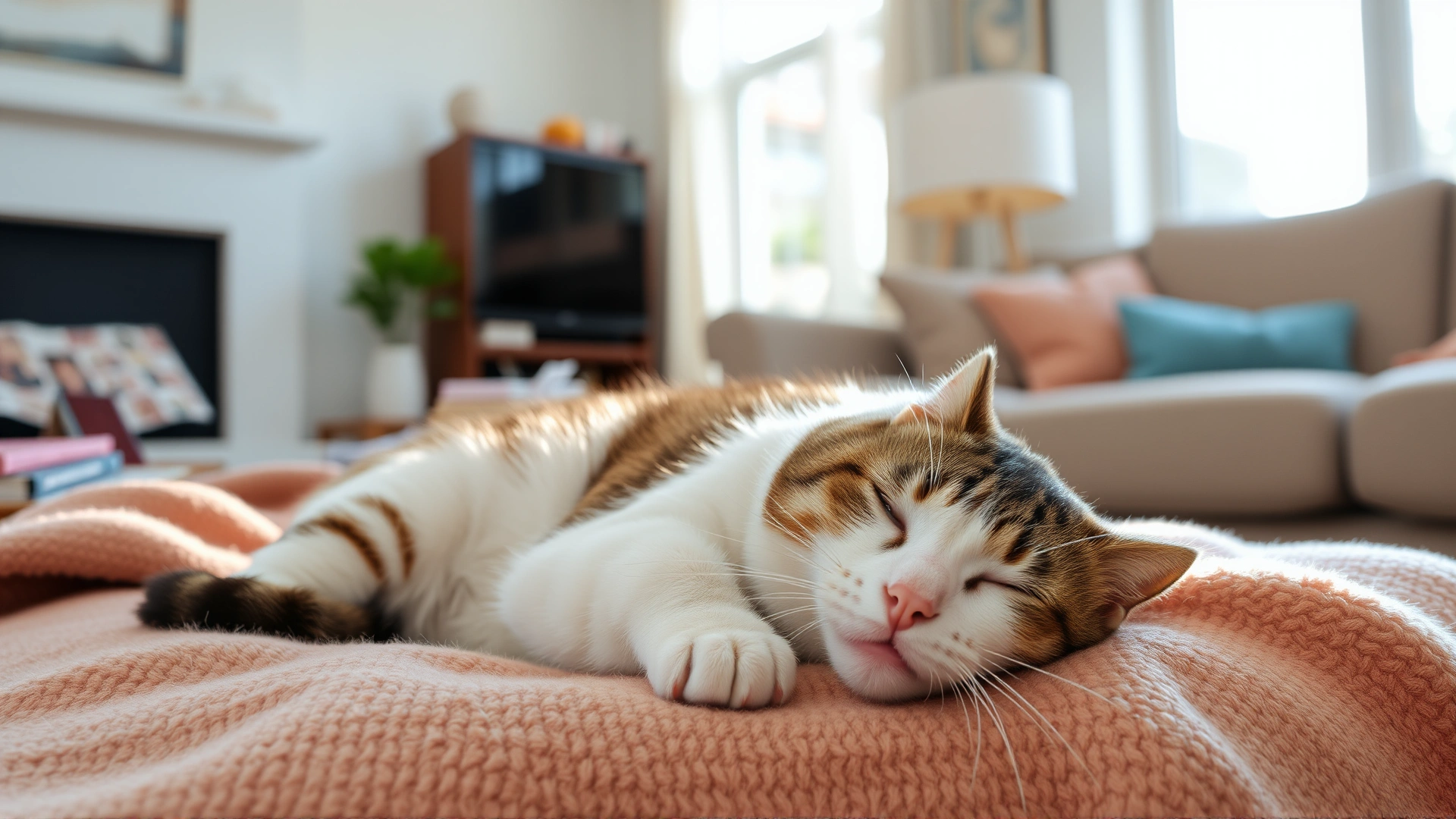 Domestic short-haired cat resting on a cozy blanket in a sunlit living room after treatment, peaceful expression, afternoon light.