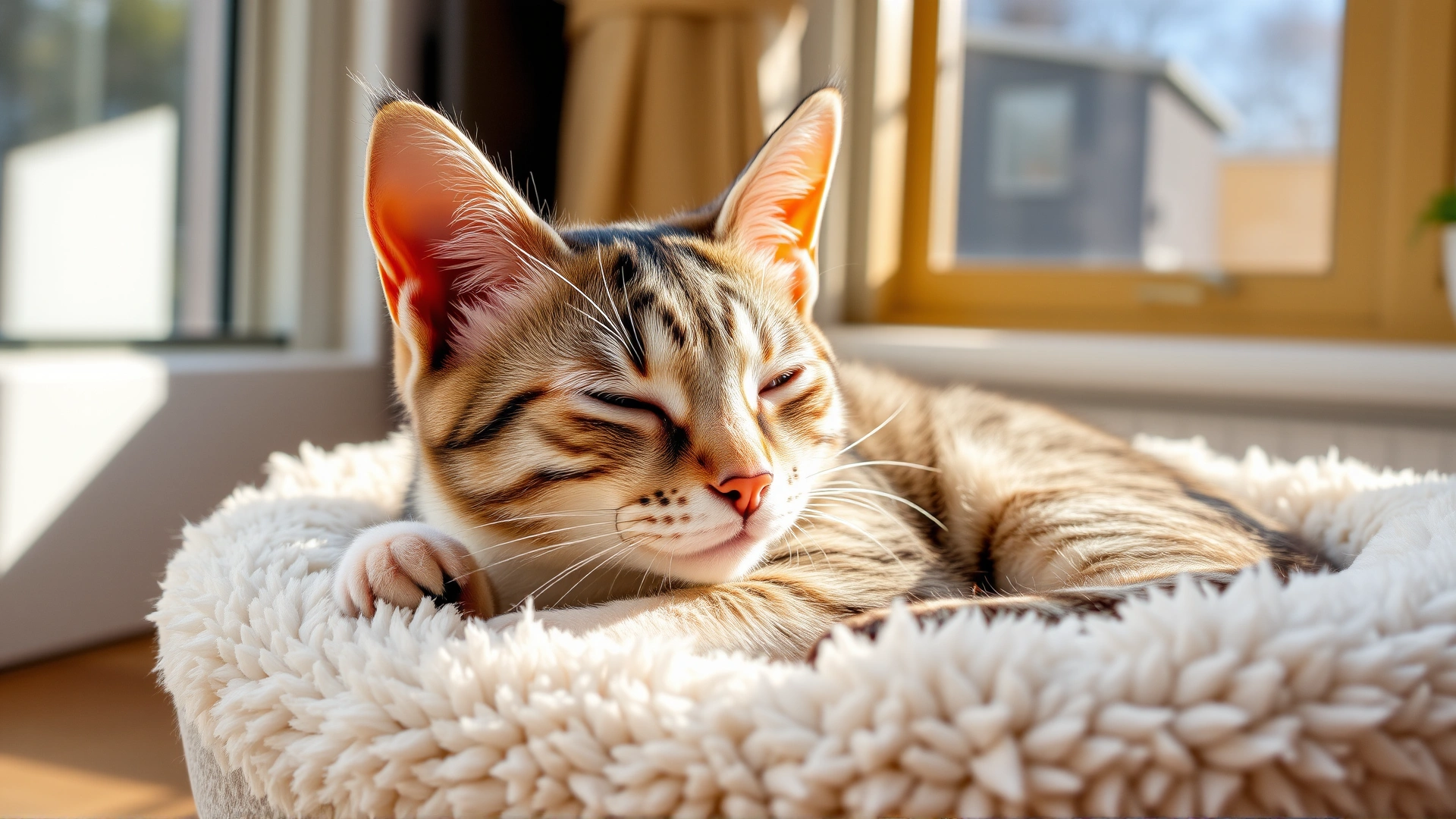 Domestic short-haired cat resting comfortably in a plush cat bed at home near a sunny window