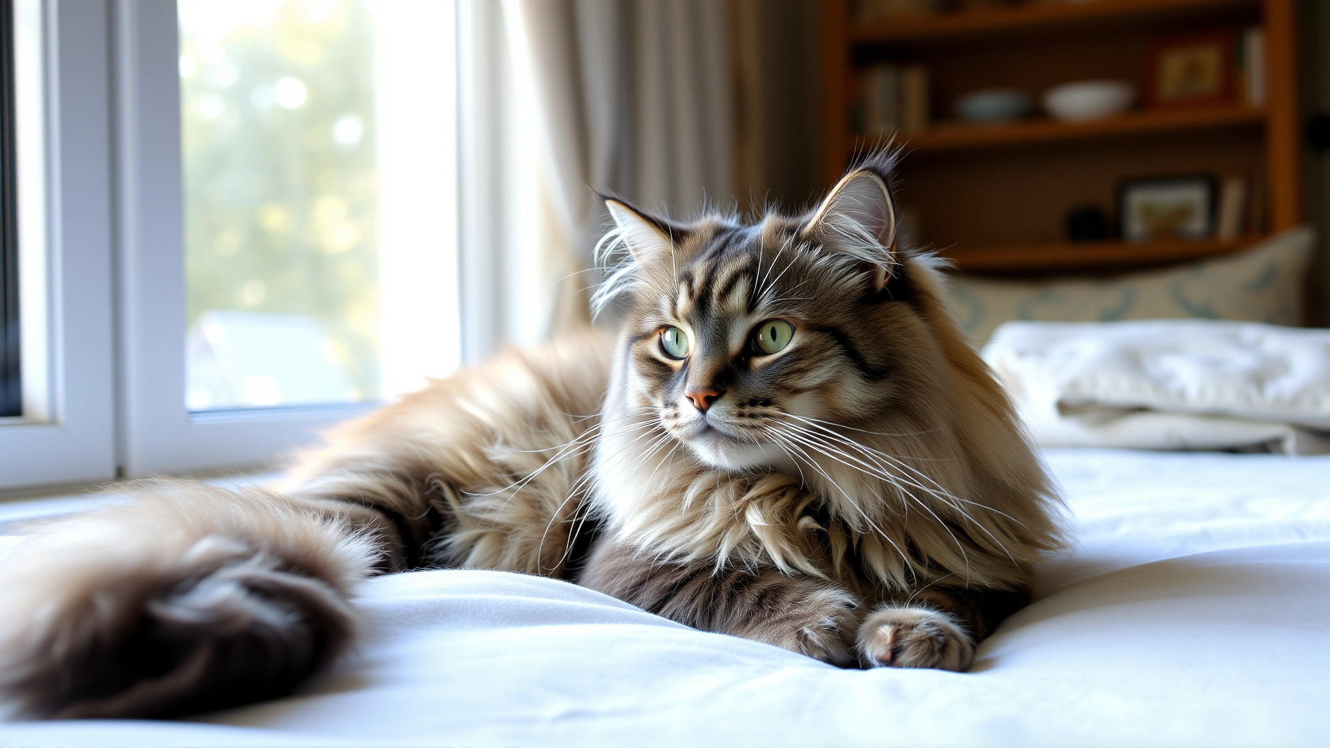 Long-haired domestic cat comfortably resting on a soft bed near a sunlit window, peaceful home environment