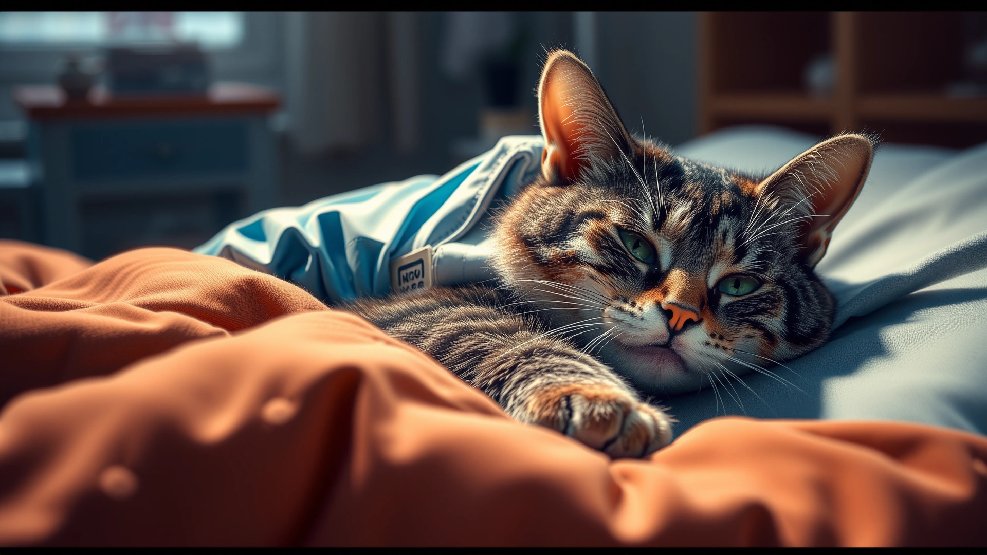 Recovering cat resting comfortably in a cozy bed wearing a medical recovery suit, home setting, warm lighting
