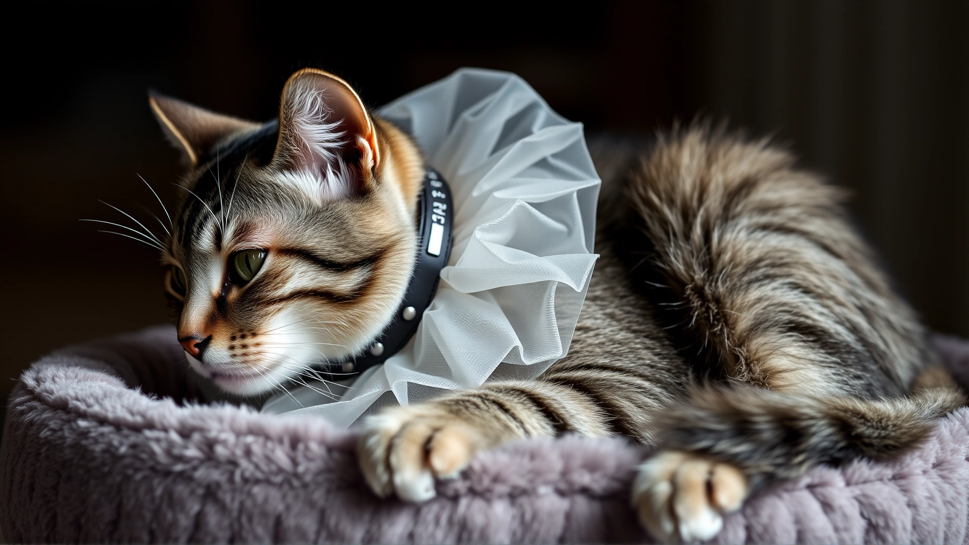 Grey tabby cat wearing a transparent Elizabethan collar resting comfortably on a plush pet bed.