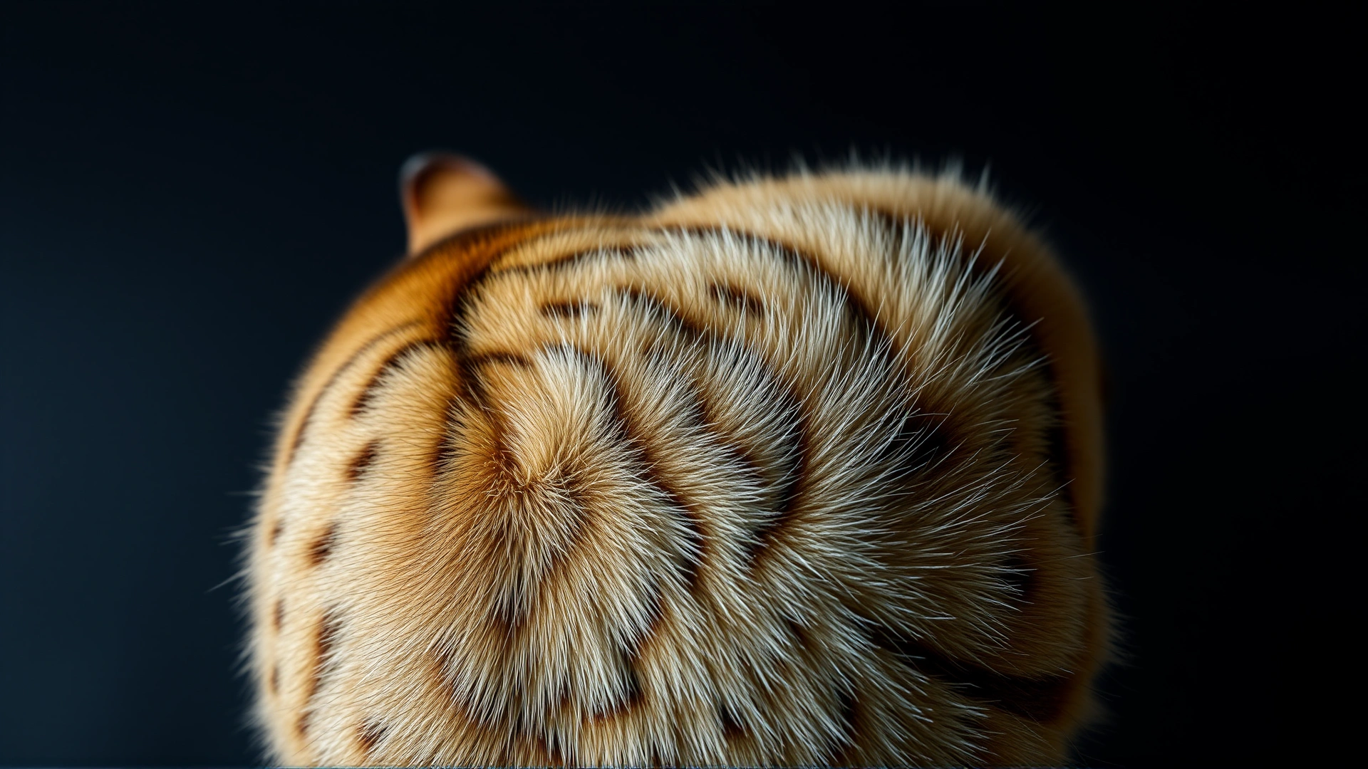 Mid-shot of a tabby cat from above showing visible rippling skin on its back, dramatic lighting highlighting fur texture.