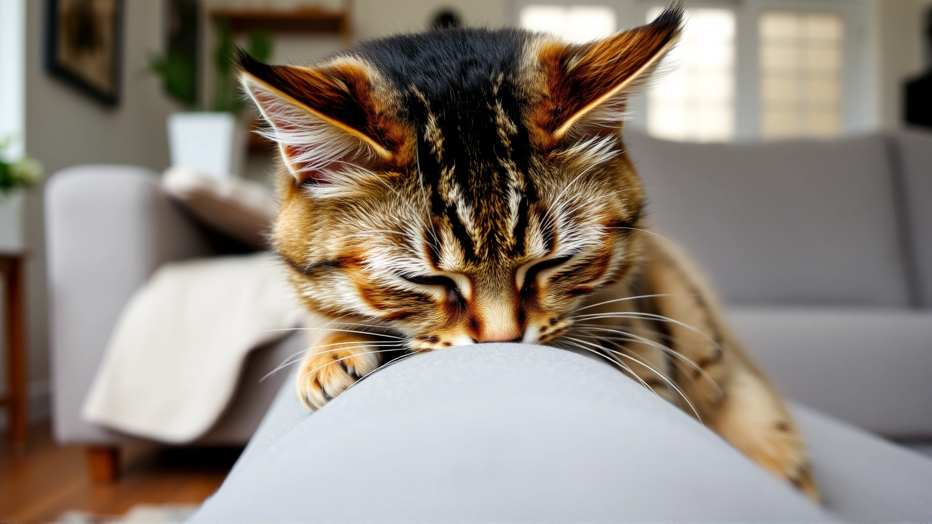 Tabby cat rubbing its face against the corner of a sofa in a bright living room, no text.