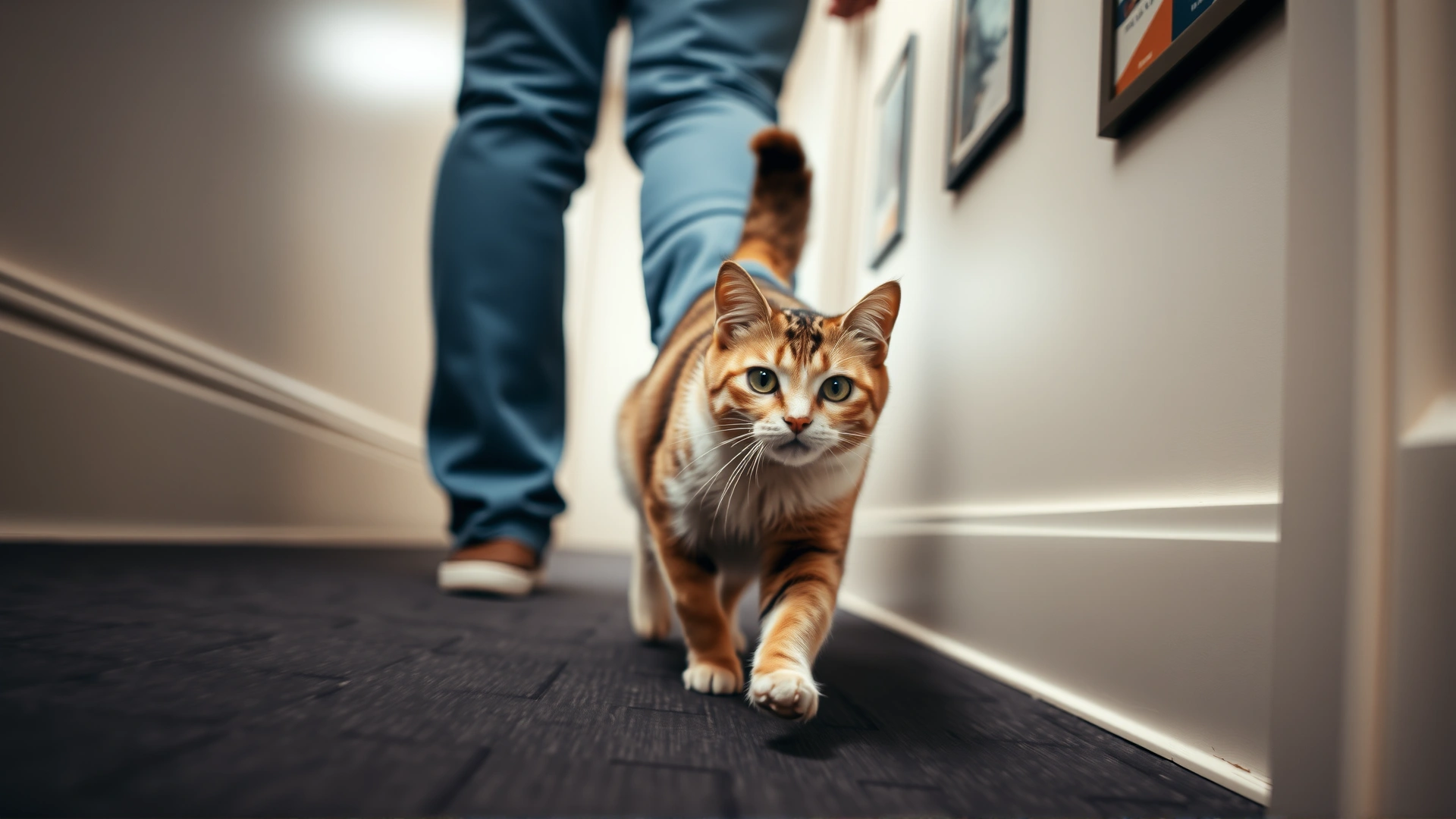 Ground-level shot of a cat weaving between its owner's legs in a hallway, motion blur on tail, no text.