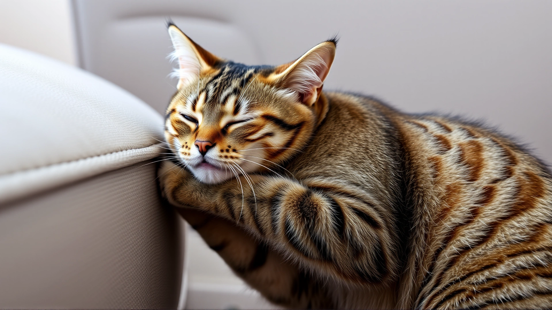 Domestic tabby cat vigorously rubbing its cheek against the corner of a sofa, illustrating scent-marking behavior.