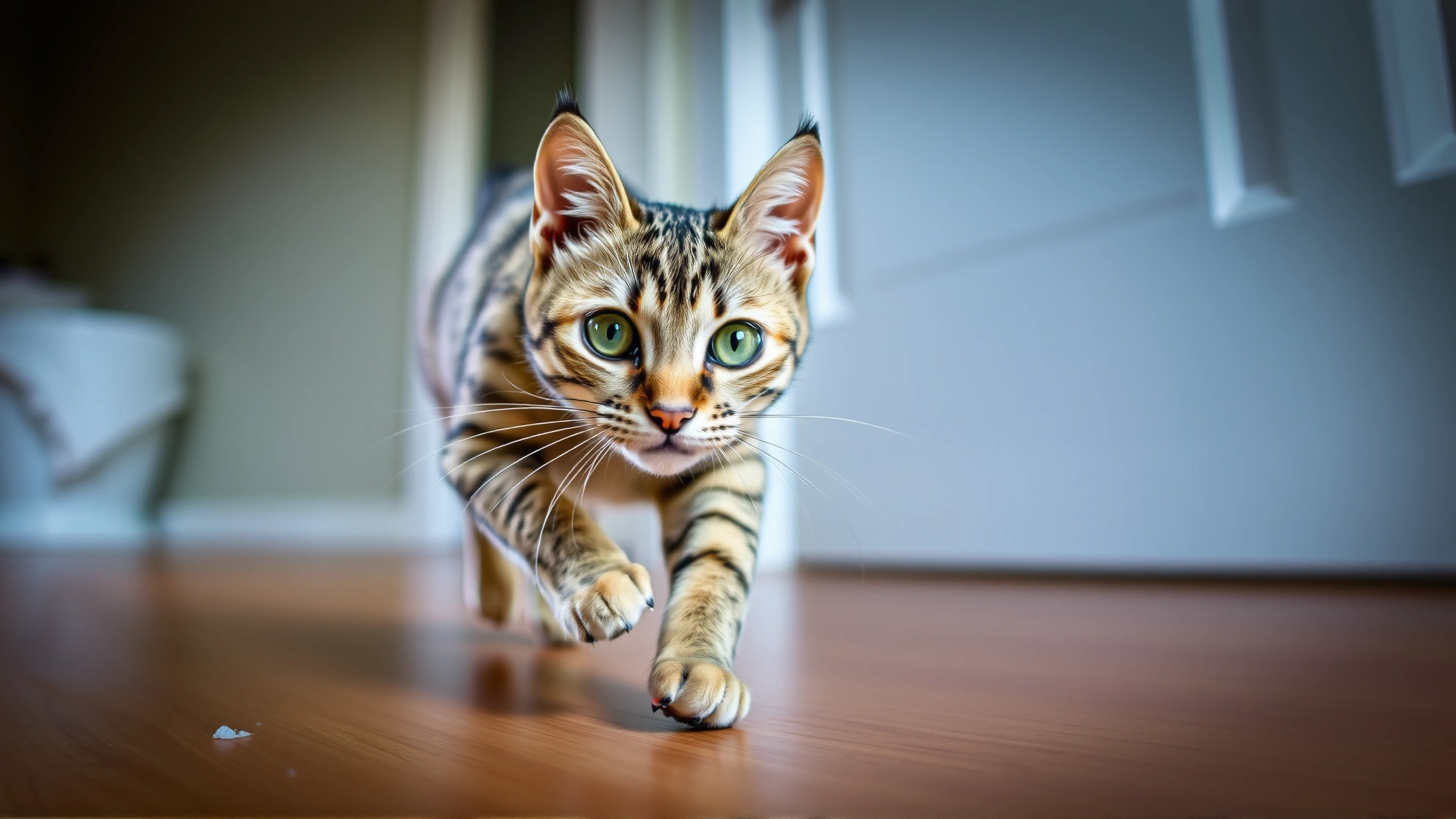Close-up shot of an energetic tabby cat mid-sprint across a wooden floor, ears back and eyes wide.