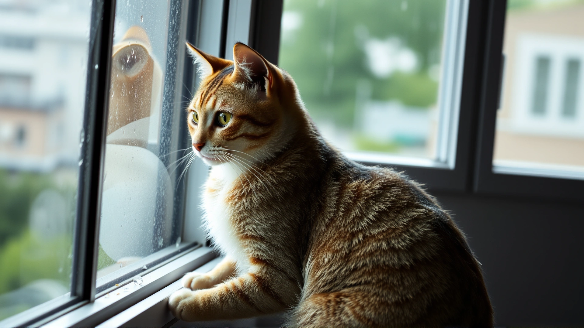 A lonely domestic short-haired cat sitting by a window on a rainy day, looking outside with a thoughtful, melancholic expression, soft natural light.