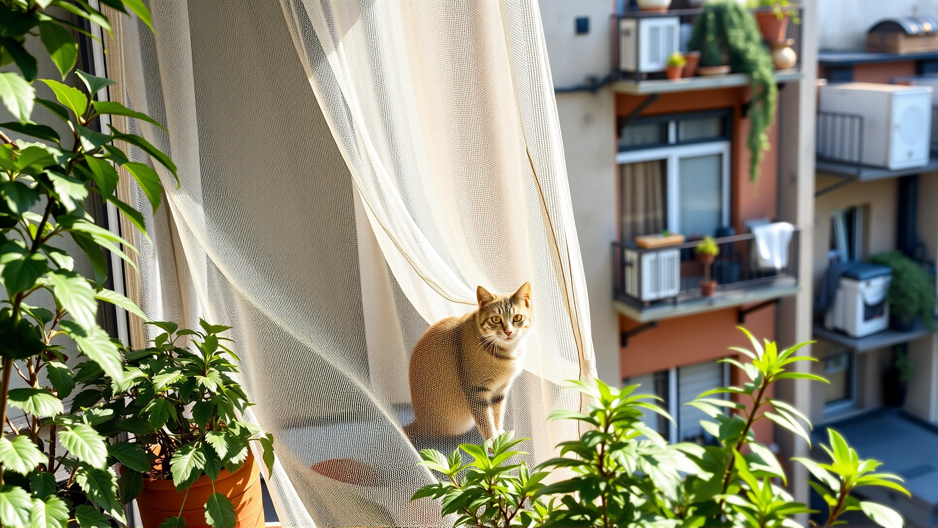 Urban apartment balcony fitted with transparent safety netting with a curious cat behind it surrounded by potted plants, daylight, no text