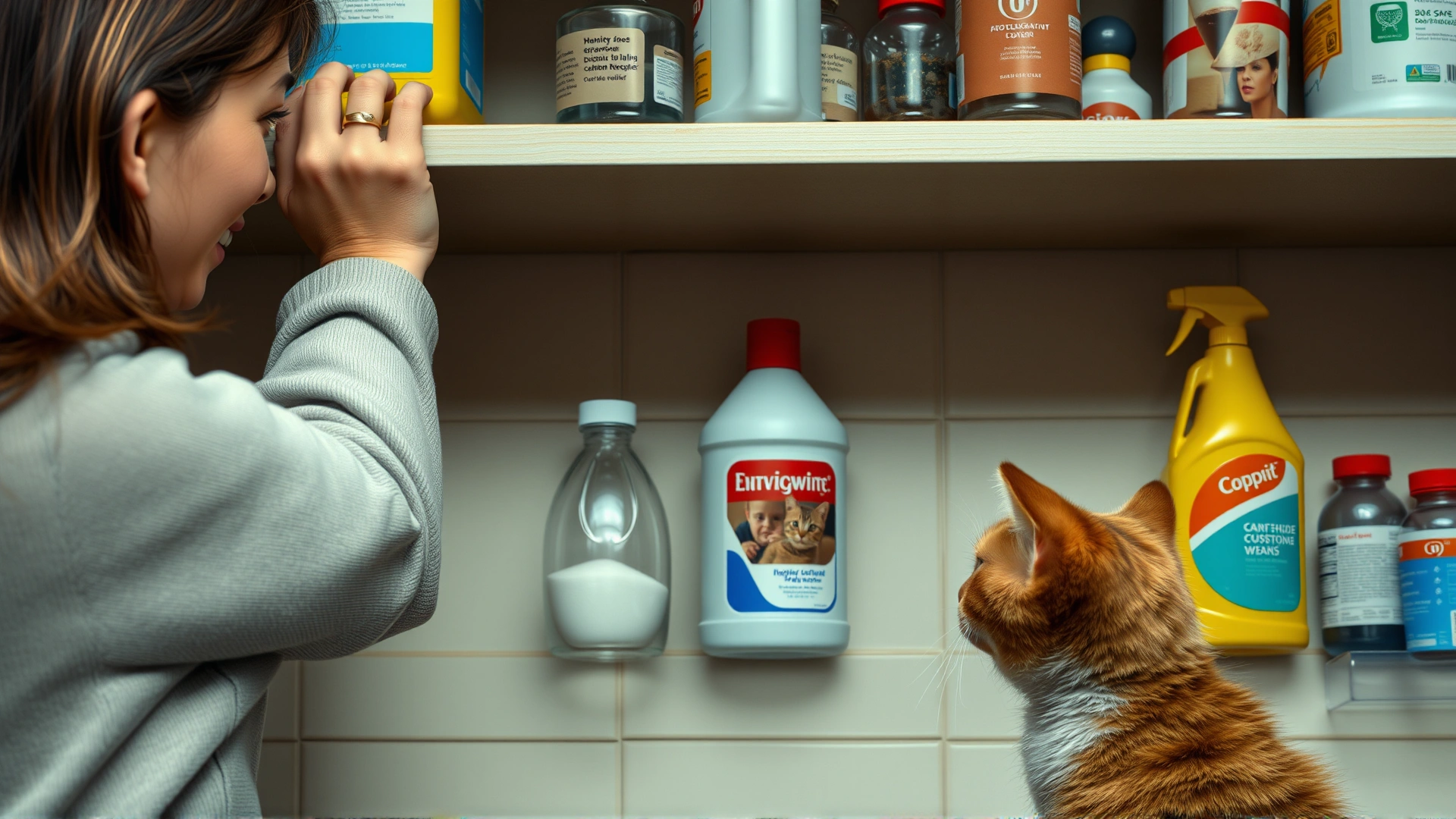 Cat owner placing household chemicals on a high shelf while the curious cat watches from below, illustrating safe storage.