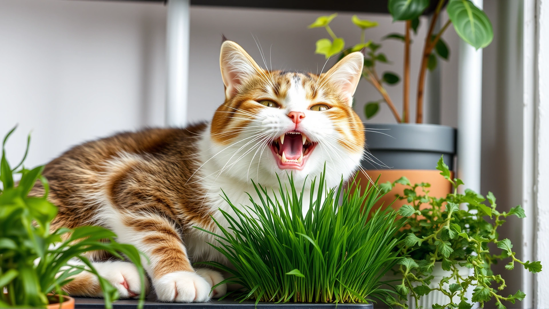 Indoor scene with a happy cat nibbling safe cat grass next to non-toxic houseplants on a shelf