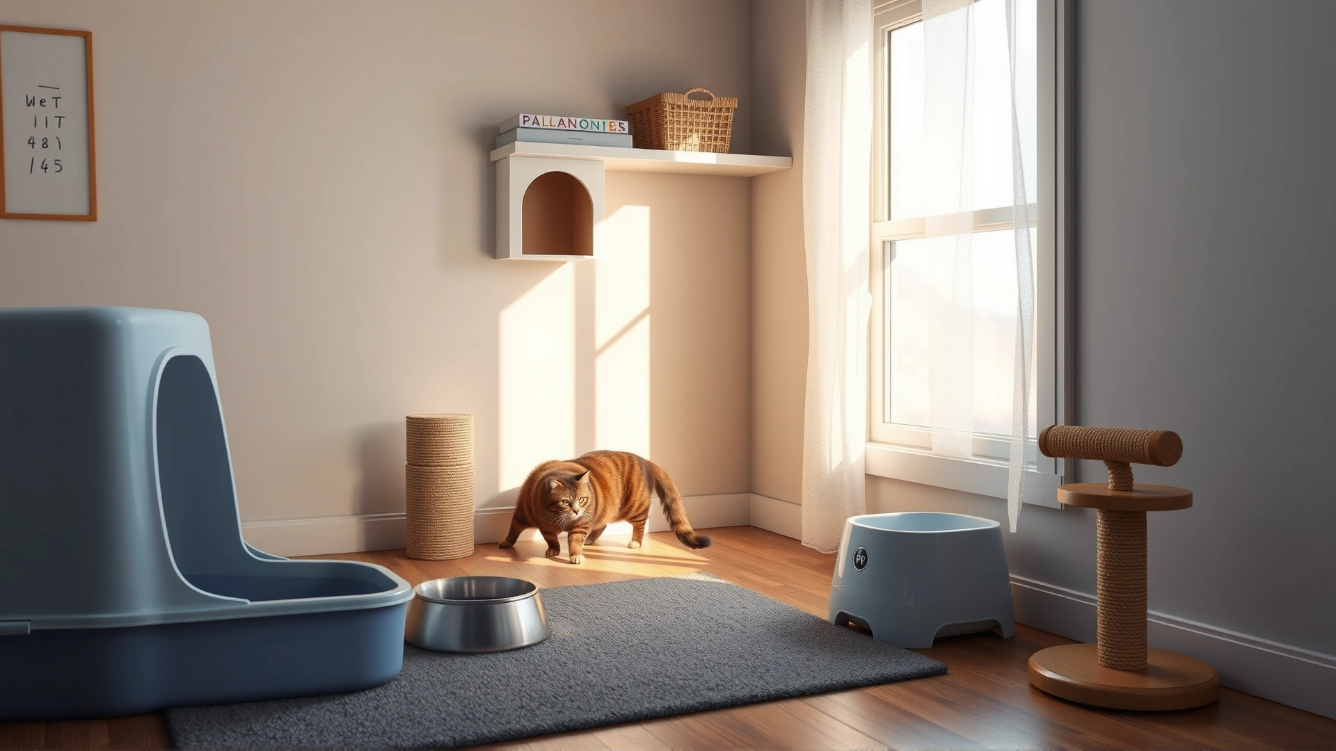 A small, tidy room set up for a cat: litter box, food and water bowls, scratching post, and a hidden nook; daylight coming through a window. Cat exploring cautiously. No text.