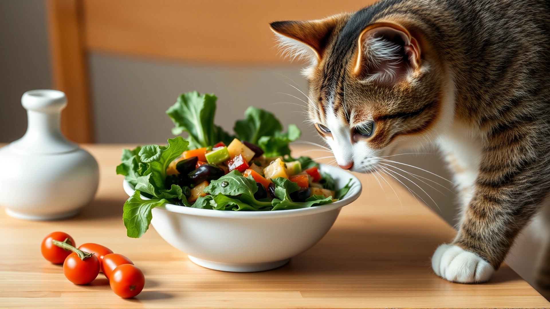 A curious cat sniffing a bowl of mixed vegetables and leafy greens placed on a dining table, humorous contrast, bright lighting