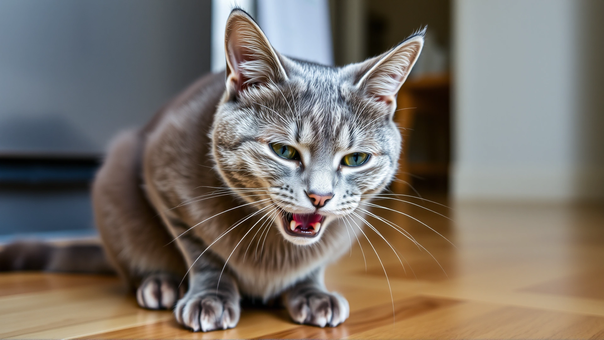 Medium shot of a short-haired grey cat drooling with visible saliva around its mouth while sitting on a kitchen floor.