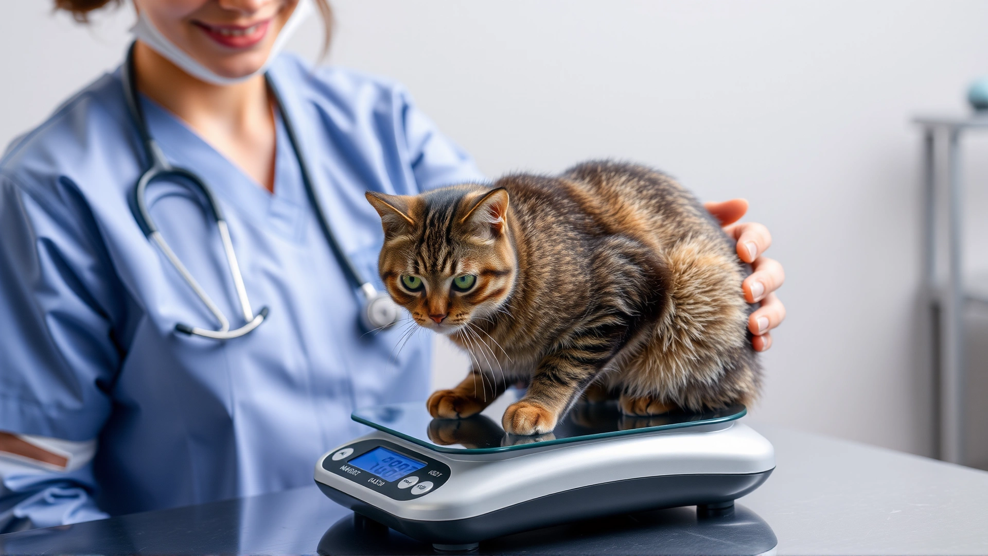 A friendly veterinarian weighing a cat on a digital pet scale, both looking calm and cooperative.
