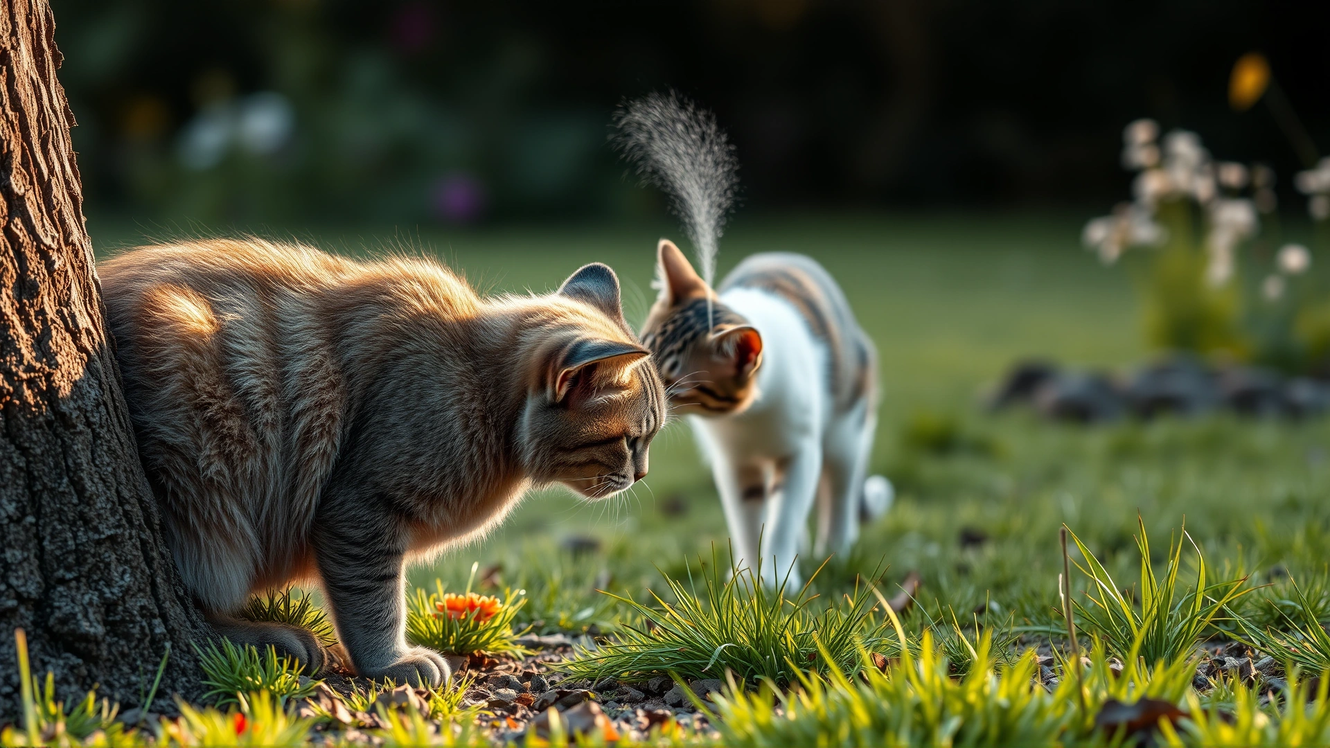 Outdoor scene of a cat sniffing a tree trunk where another cat has sprayed, early morning light, garden background