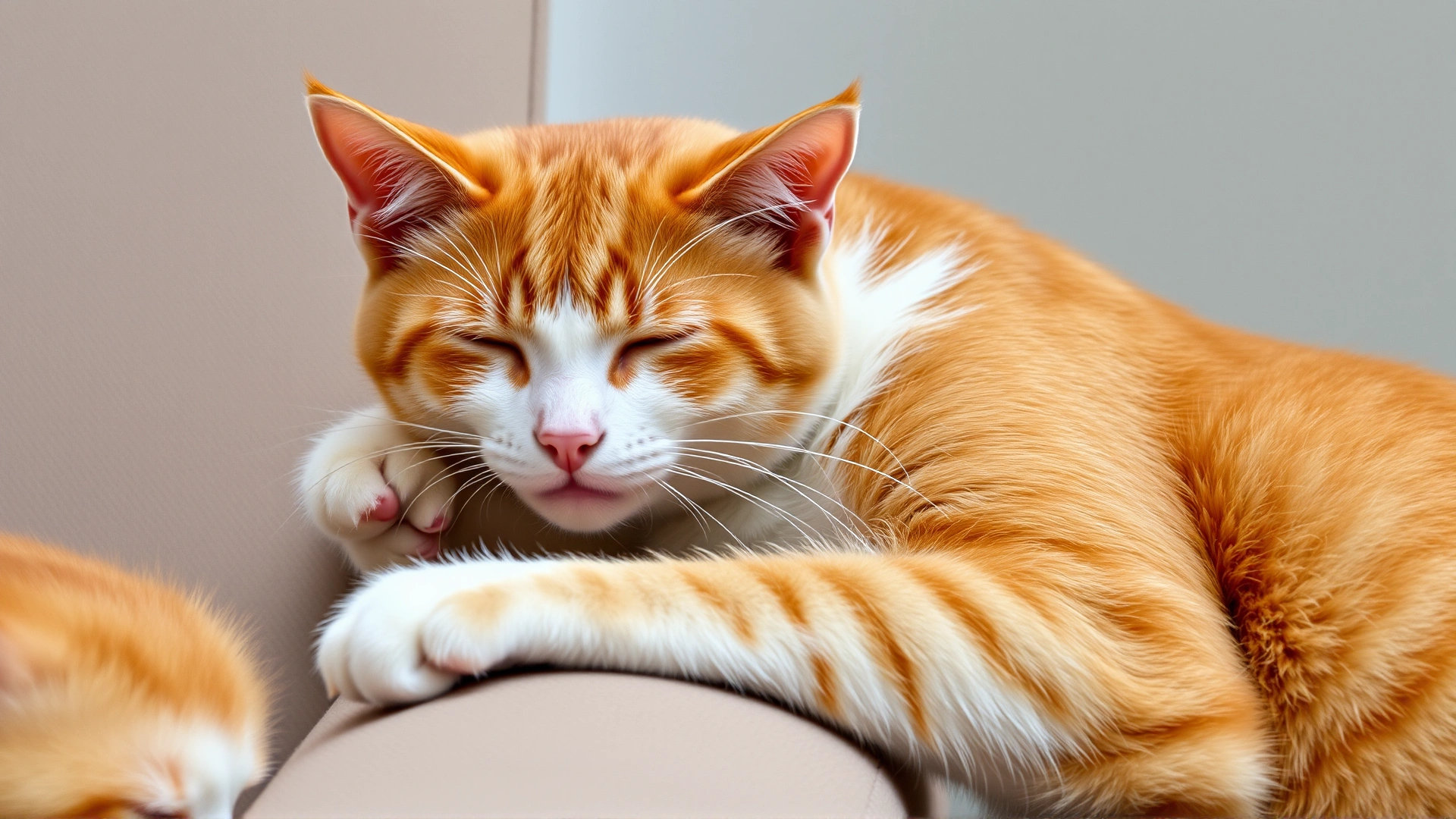 Ginger cat rubbing its cheek against a sofa armrest, illustrating scent marking behavior