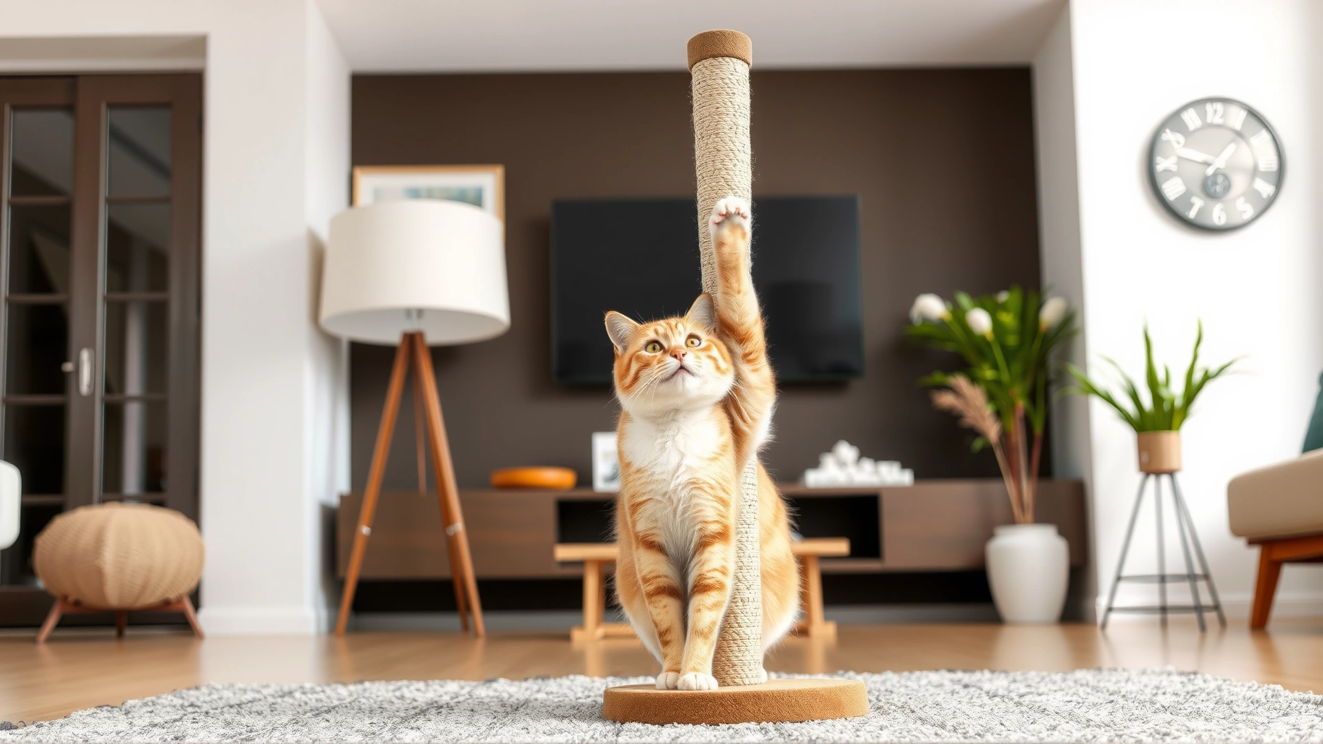 Happy indoor cat using a tall sisal scratching post in a modern living room.