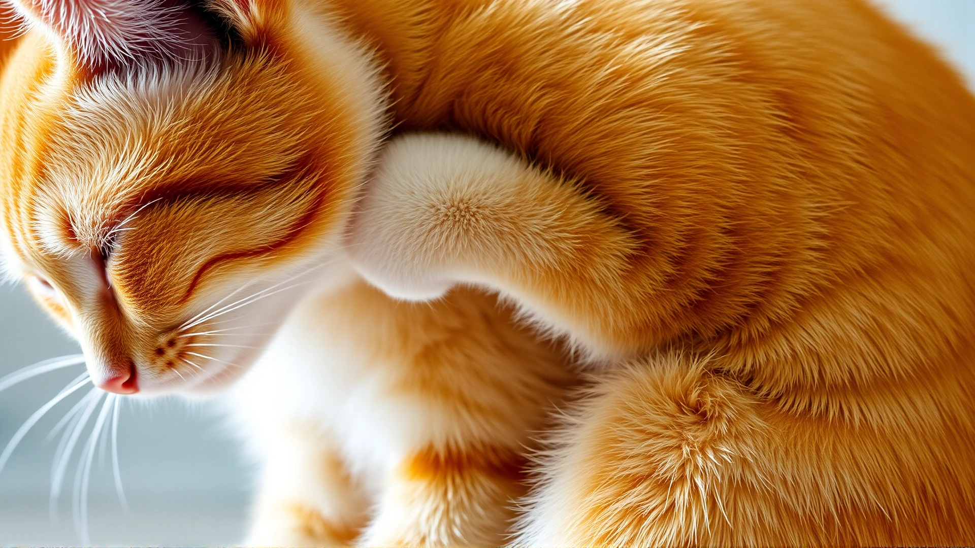 Medium shot of an orange tabby cat scratching behind its ear with its hind leg, clearly showing slight irritation in the skin for visual context.