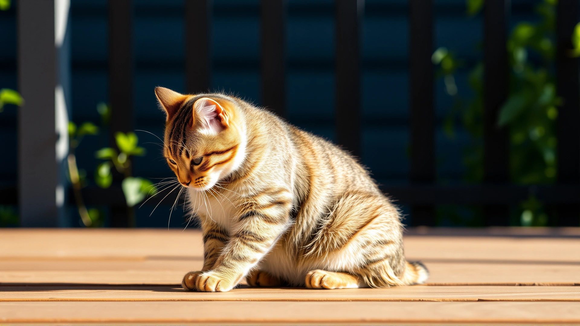 A medium shot of a tabby cat vigorously scratching behind its ear while sitting on a wooden deck, visible greenery in the blurred background, sunny afternoon lighting.