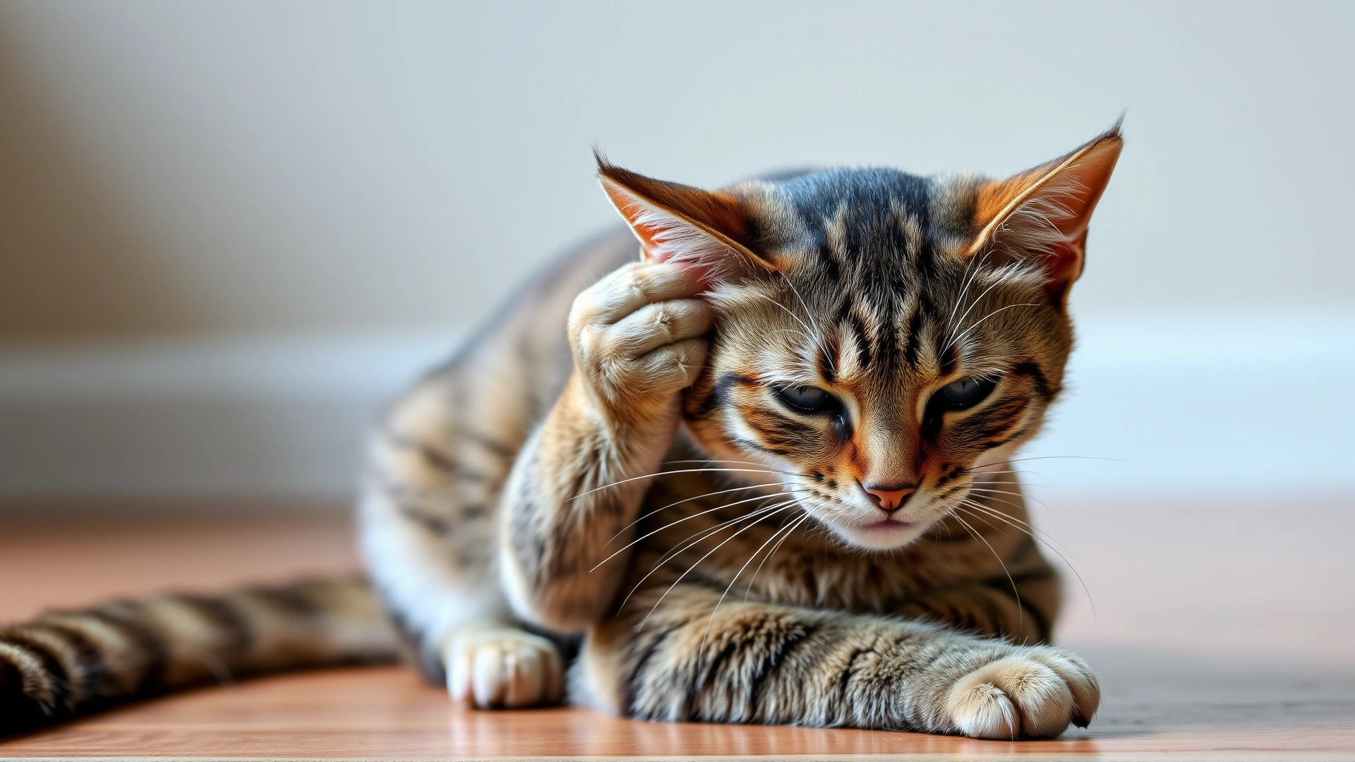 Domestic short-haired cat scratching the side of its neck while sitting on a wooden floor, showing mild irritation