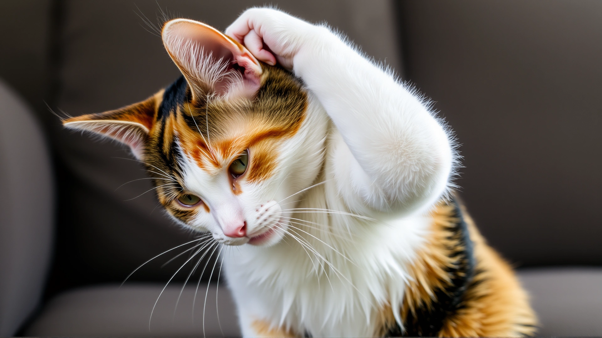 Domestic calico cat vigorously scratching behind its ear while sitting on a couch, natural daylight