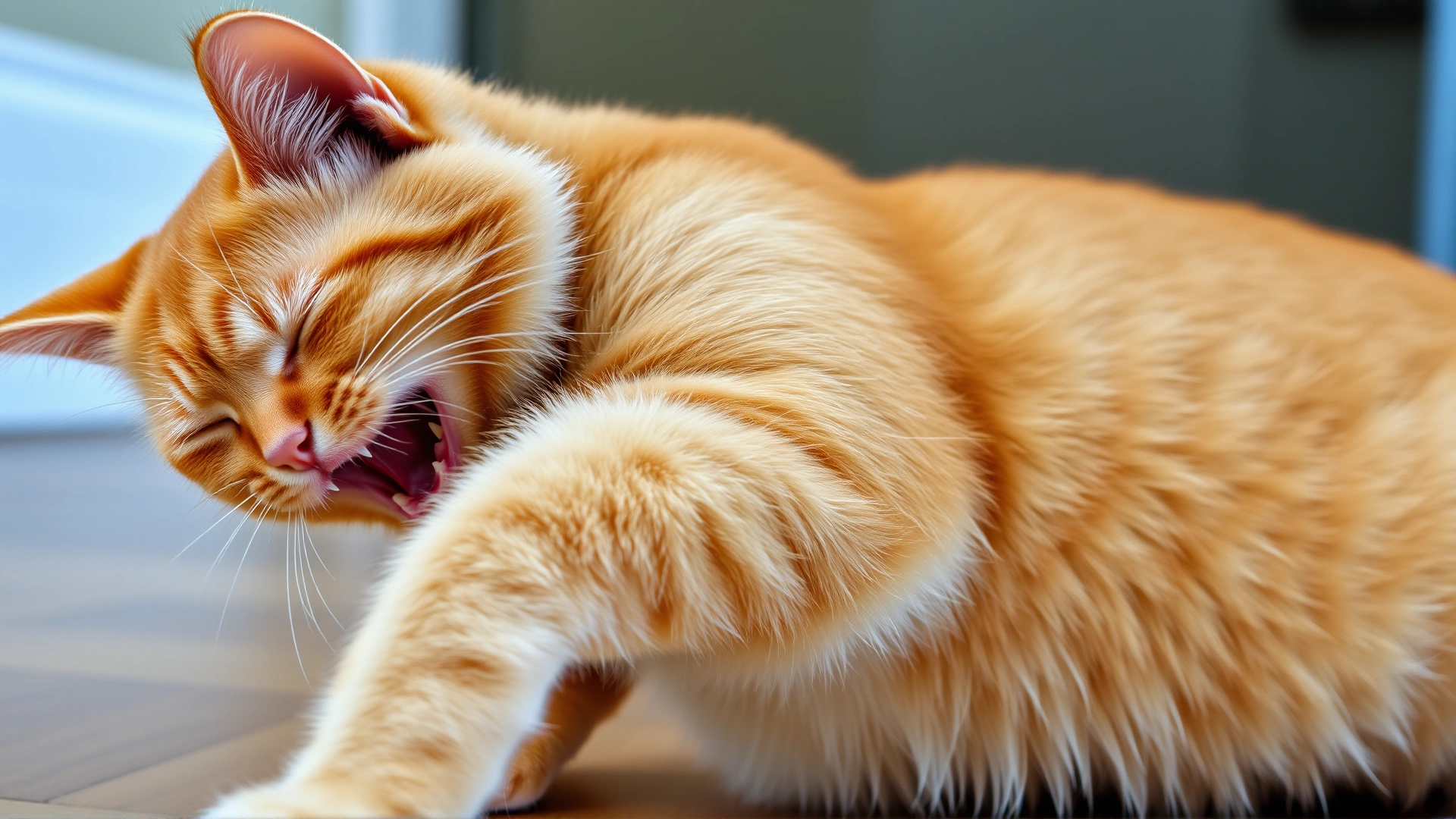 Orange tabby cat vigorously scratching its neck while sitting on a wooden floor, illustrating itching caused by fleas.